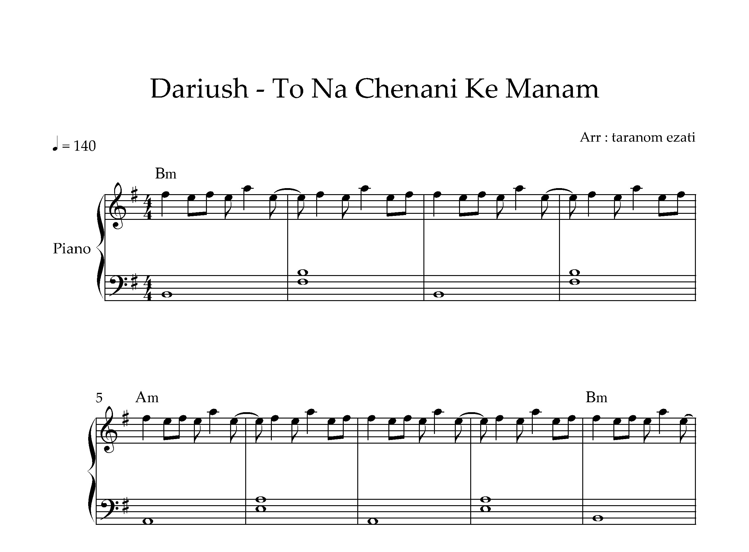 نت پیانو تو نه چنانی که منم داریوش