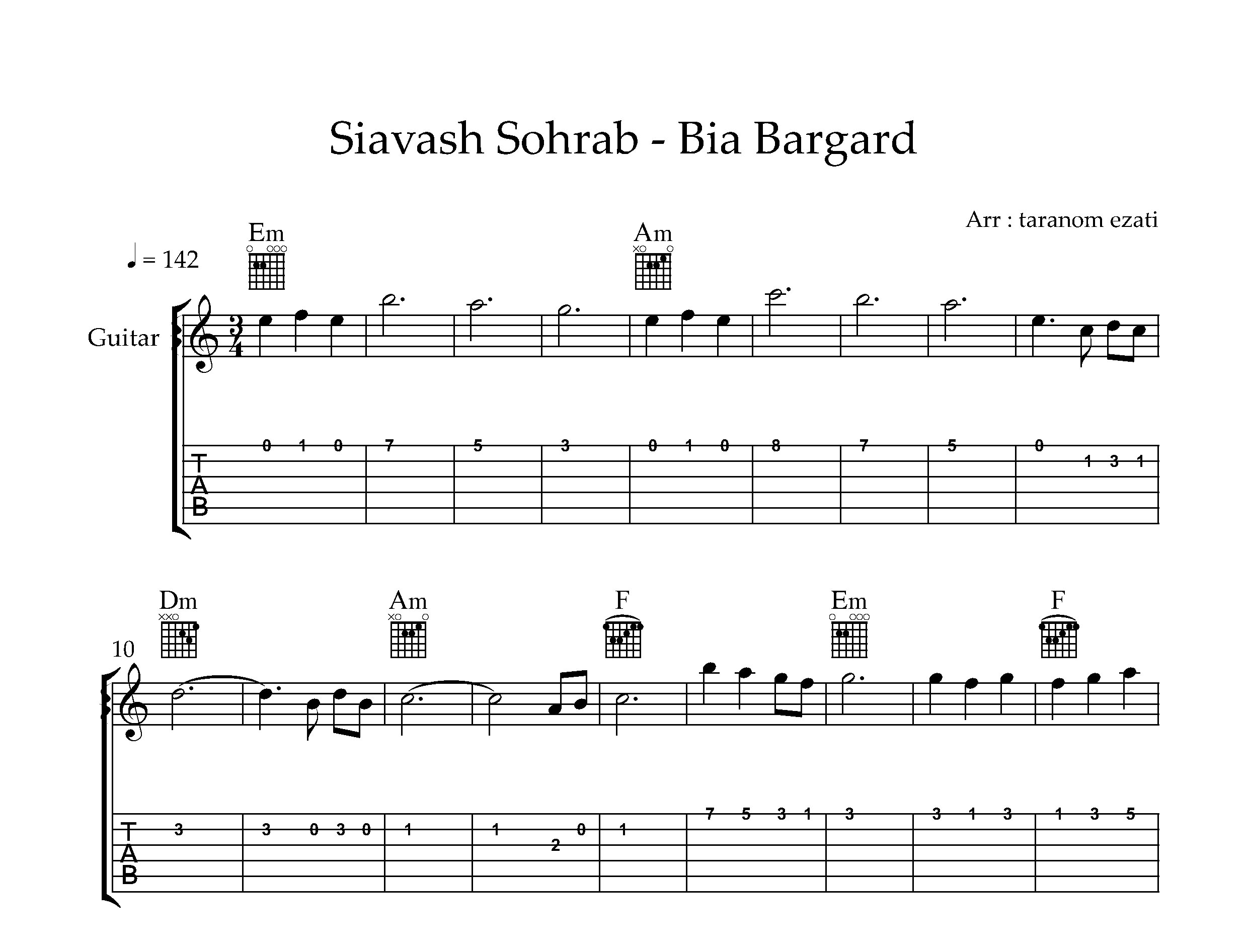 نت گیتار بیا برگرد سیاوش سهراب به همراه تبلچر و آکورد