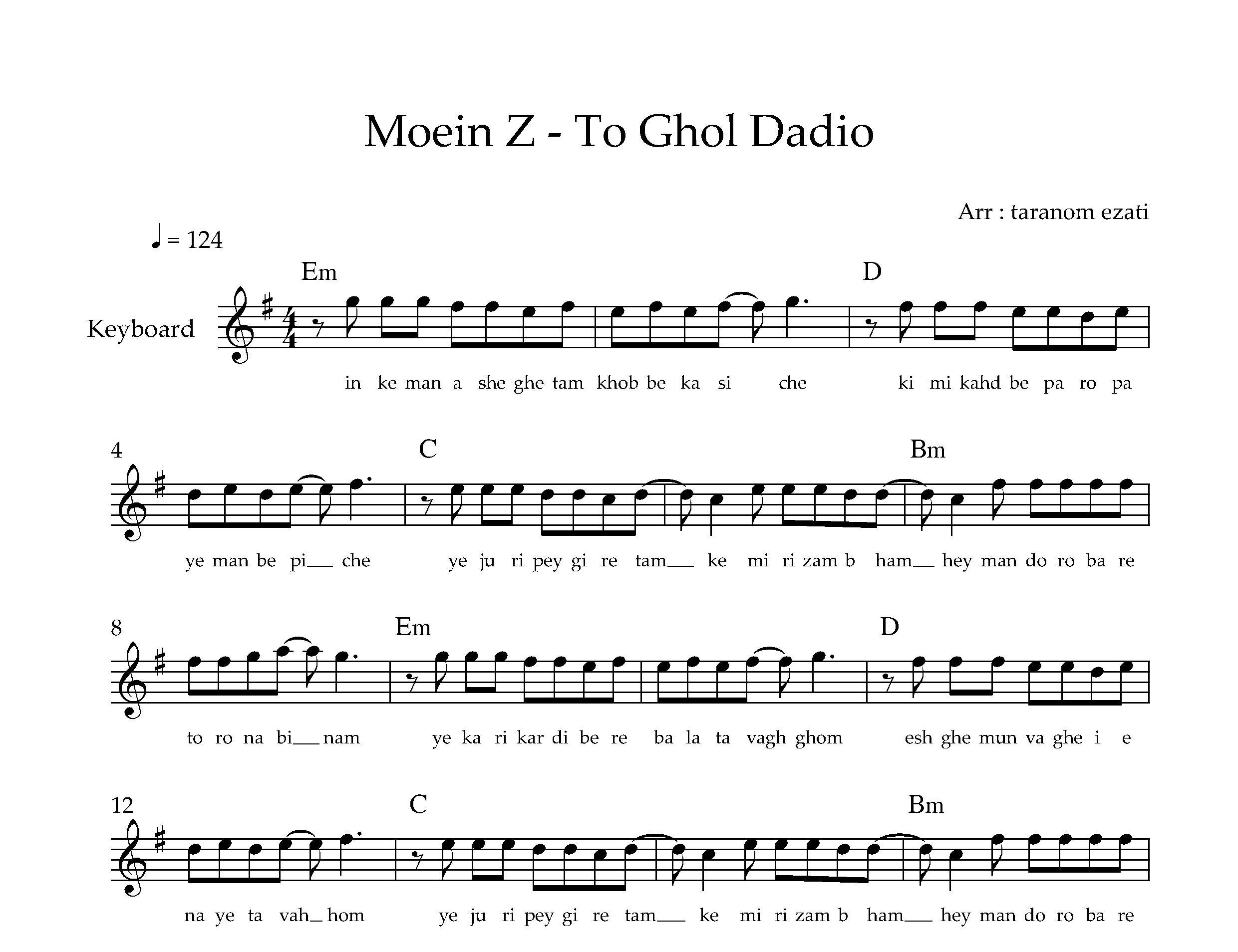 نت کیبورد قول دادیا معین زد به همراه آکورد