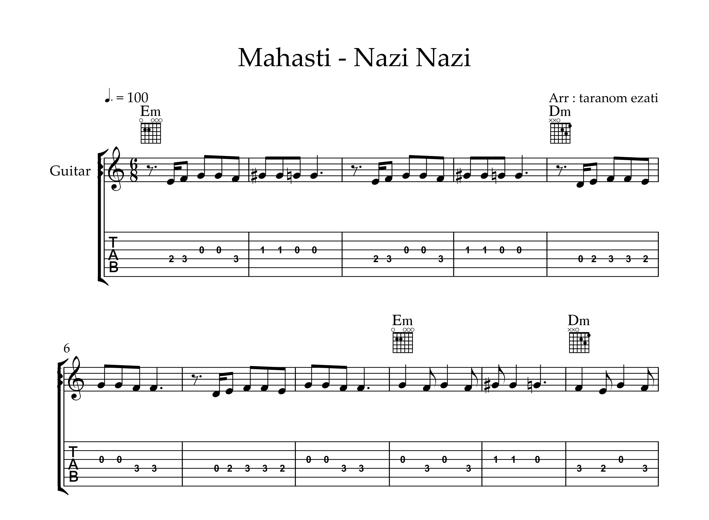 نت گیتار نازی نازی مهستی به همراه تبلچر و آکورد