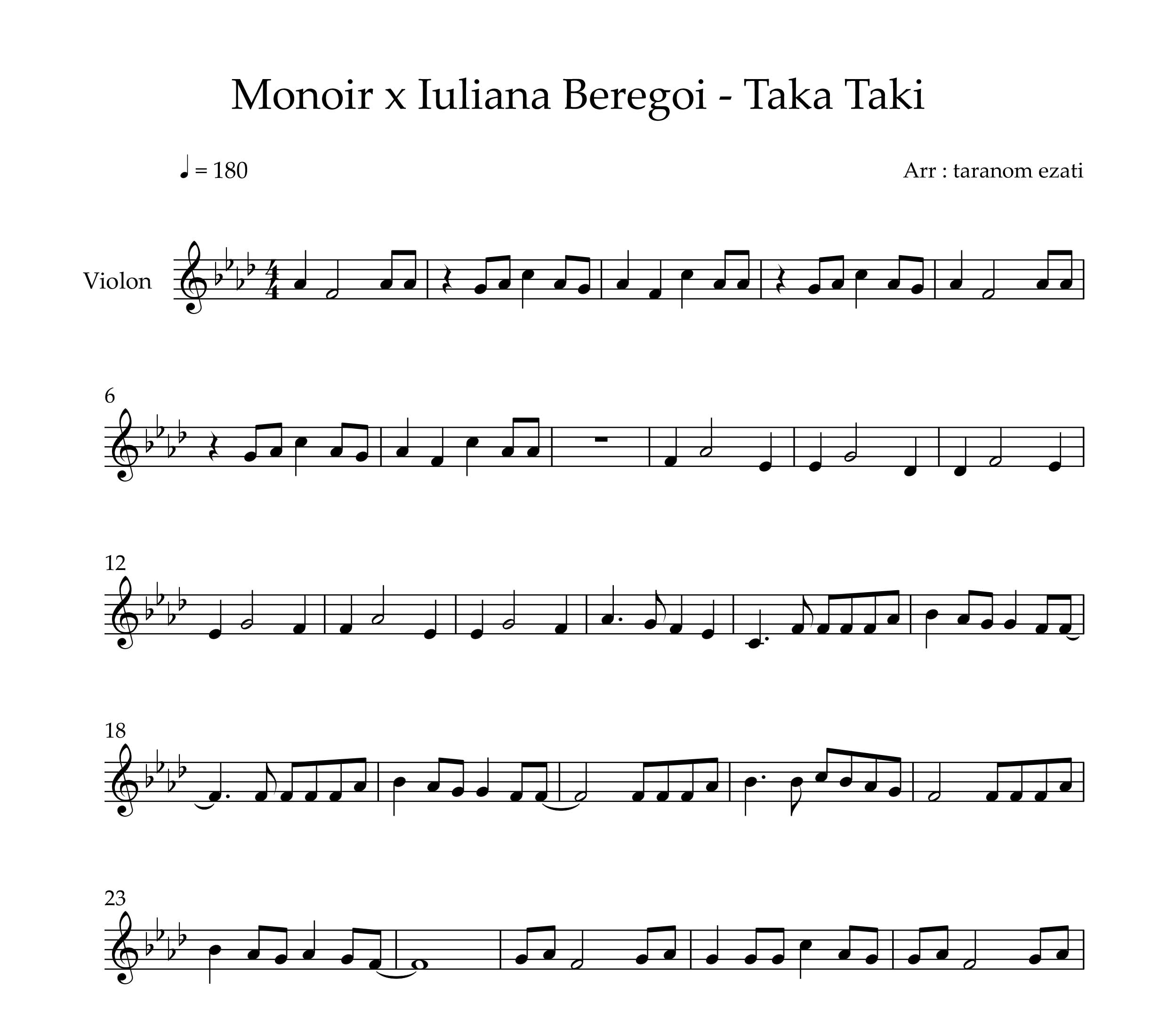 نت ویولن taka taki از monoir x Iuliana beregoi