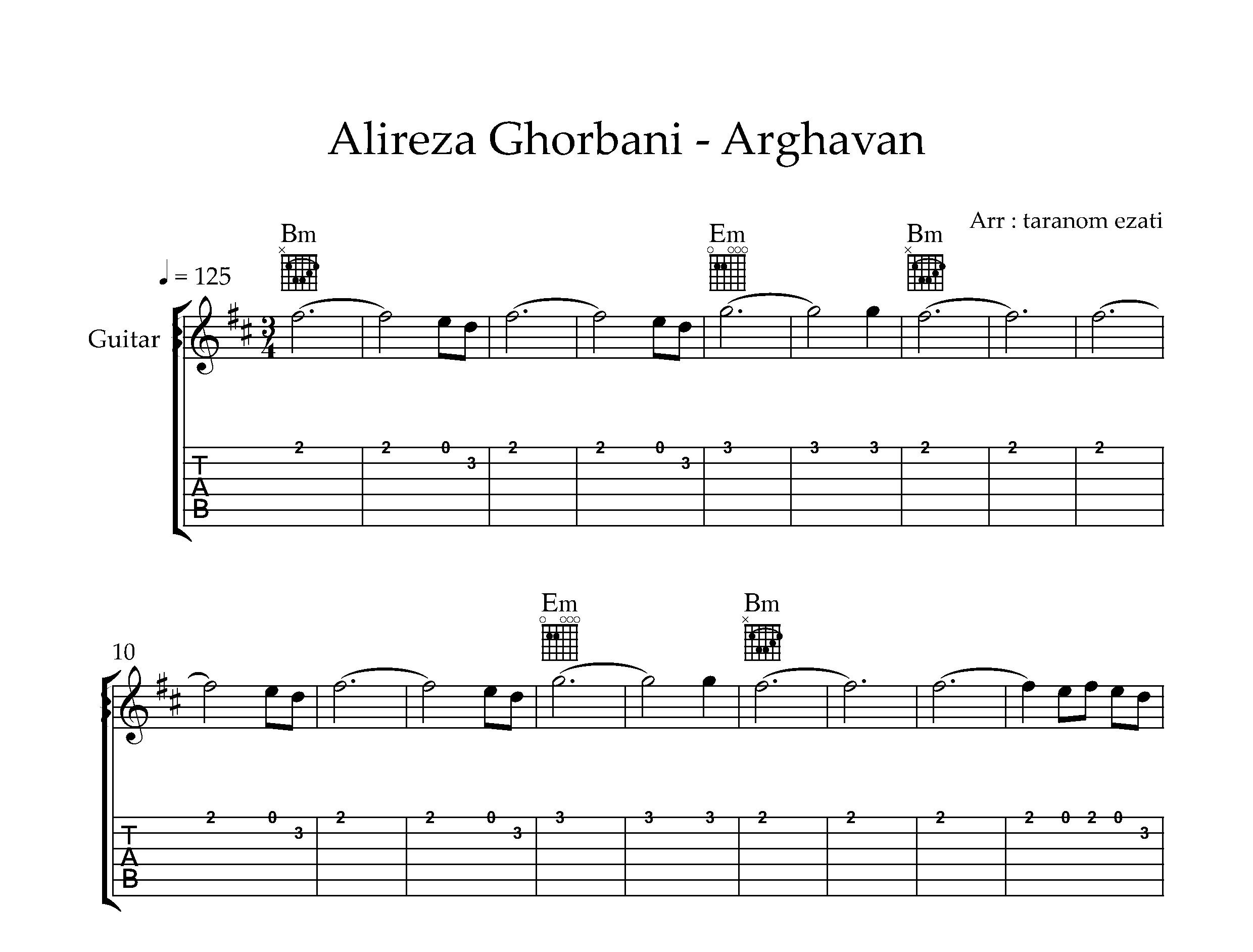 نت گیتار ارغوان علیرضا قربانی به همراه تبلچر و آکورد