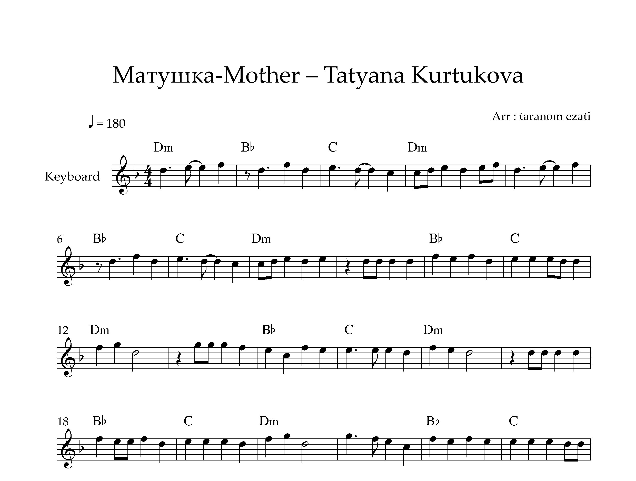 نت کیبورد Mother از Tatiana Kurtukov به همراه آکورد