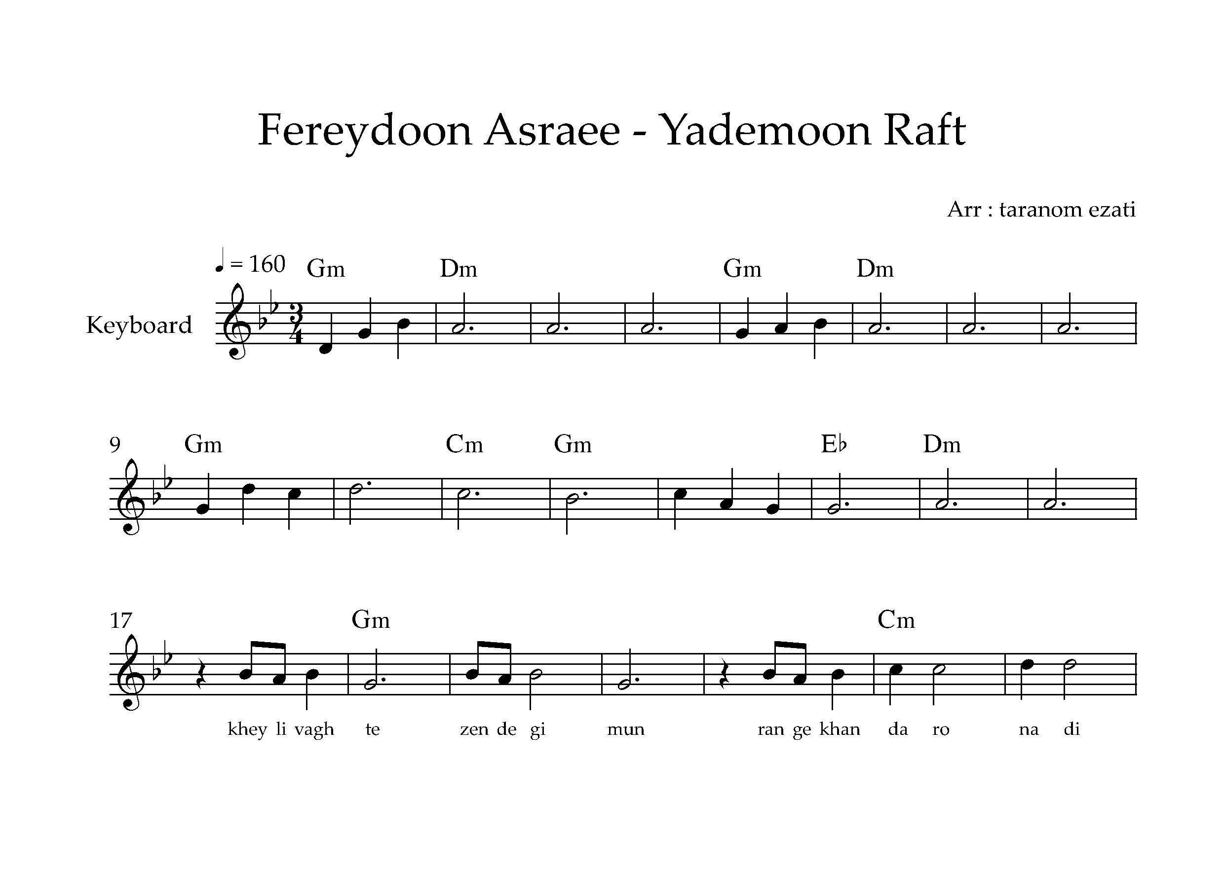 نت کیبورد یادمون رفت فریدون آسرایی به همراه آکورد