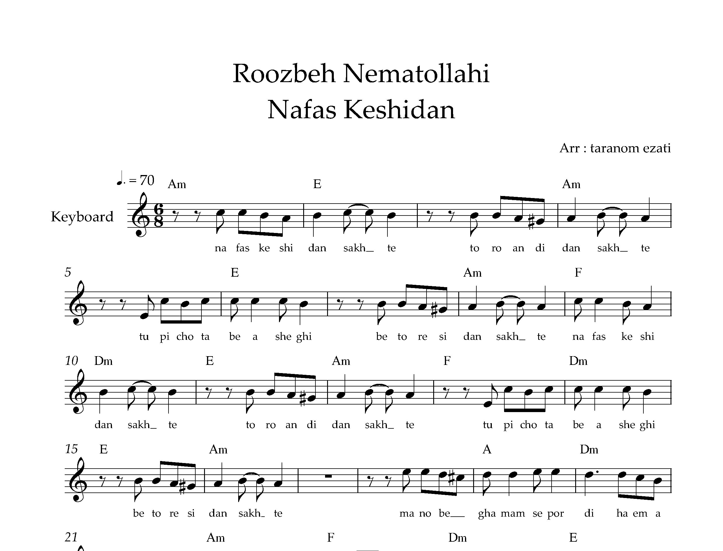 نت کیبورد نفس کشیدن سخته روزبه نعمت الهی به همراه آکورد