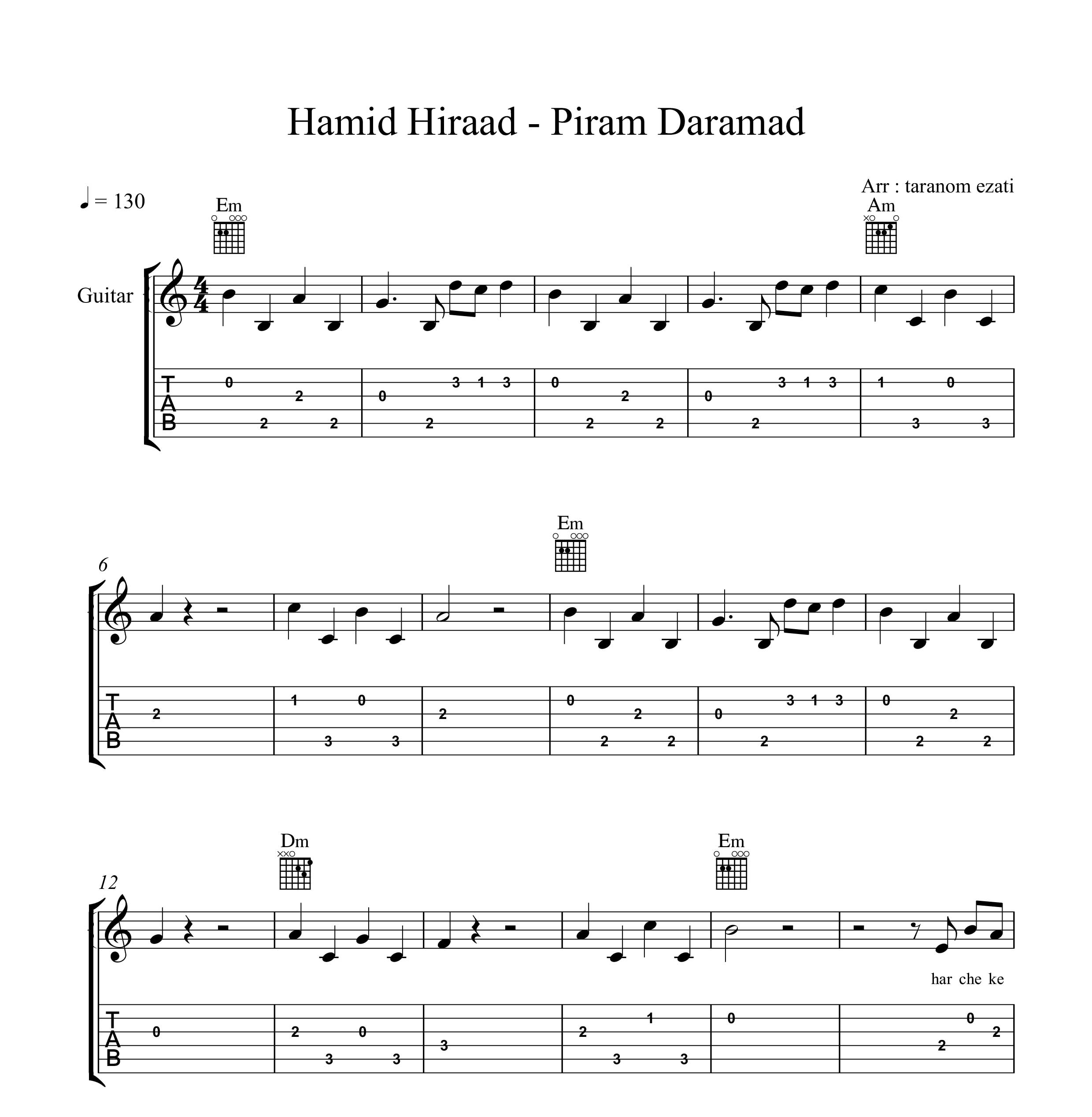 نت گیتار پیرم درآمد حمید هیراد به همراه تبلچر و آکورد