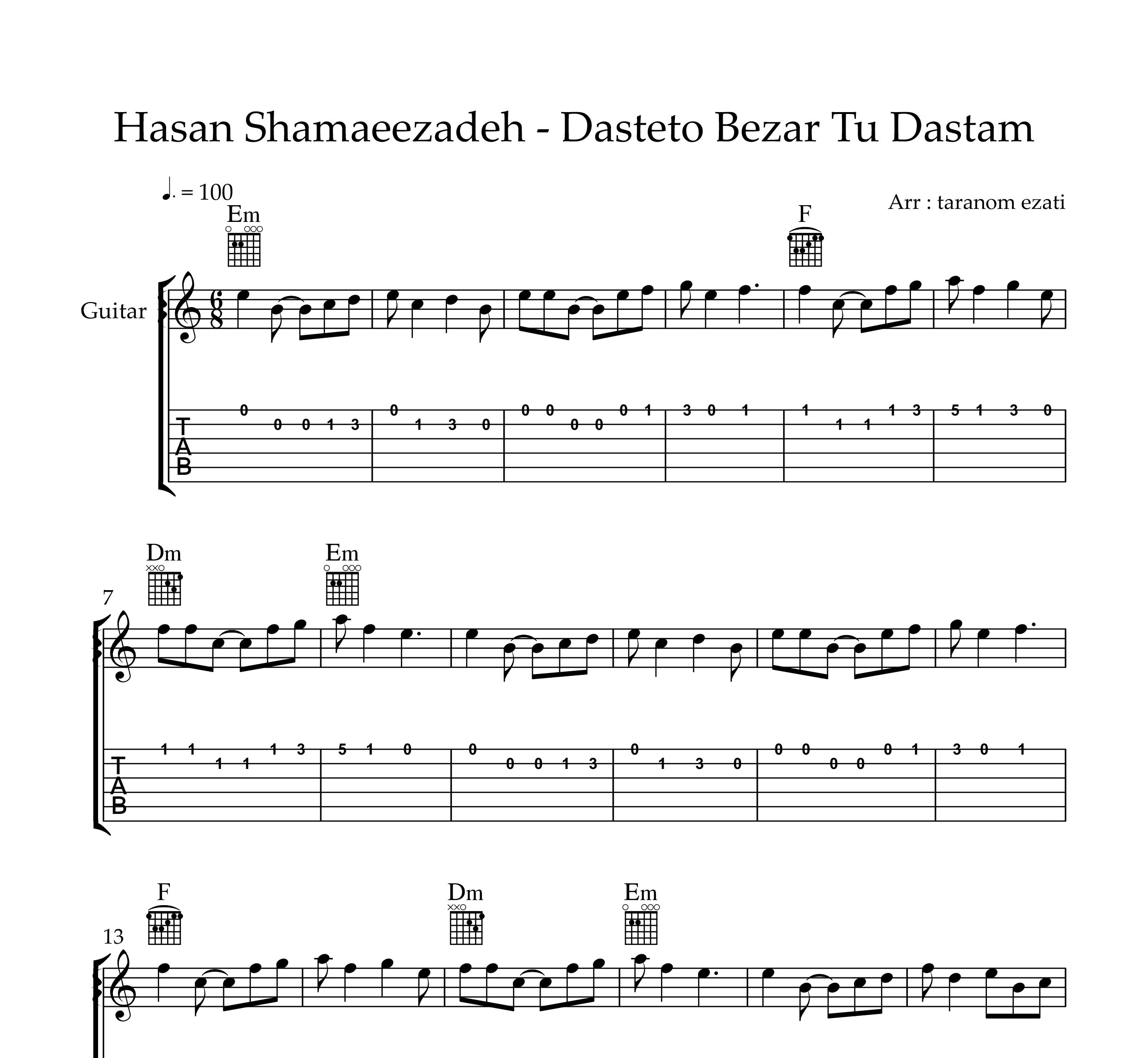 نت گیتار دستتو بذار تو دستم حسن شماعی زاده به همراه تبلچر و آکورد