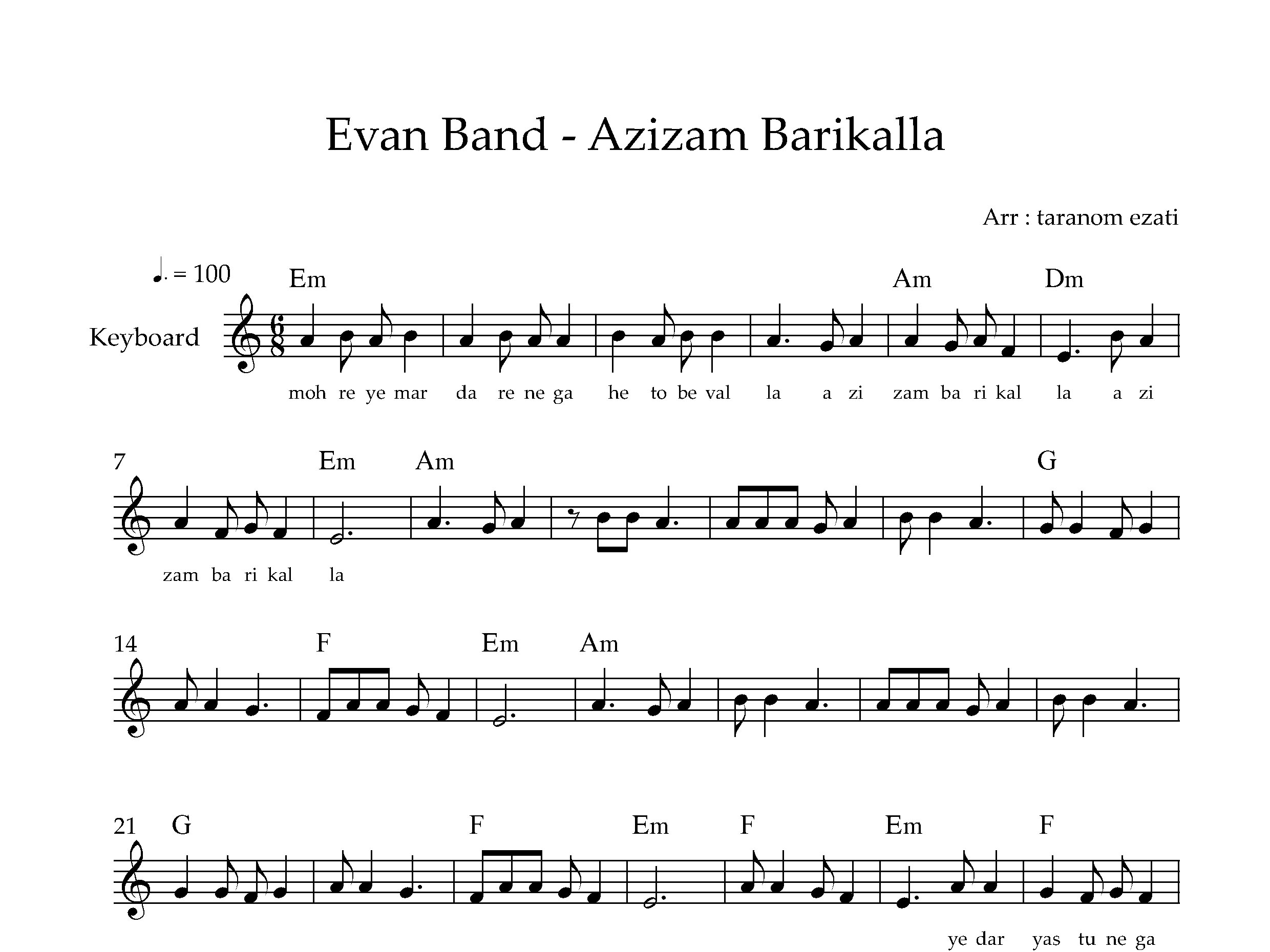 نت کیبورد عزیزم باریکلا ایوان بند به آکورد