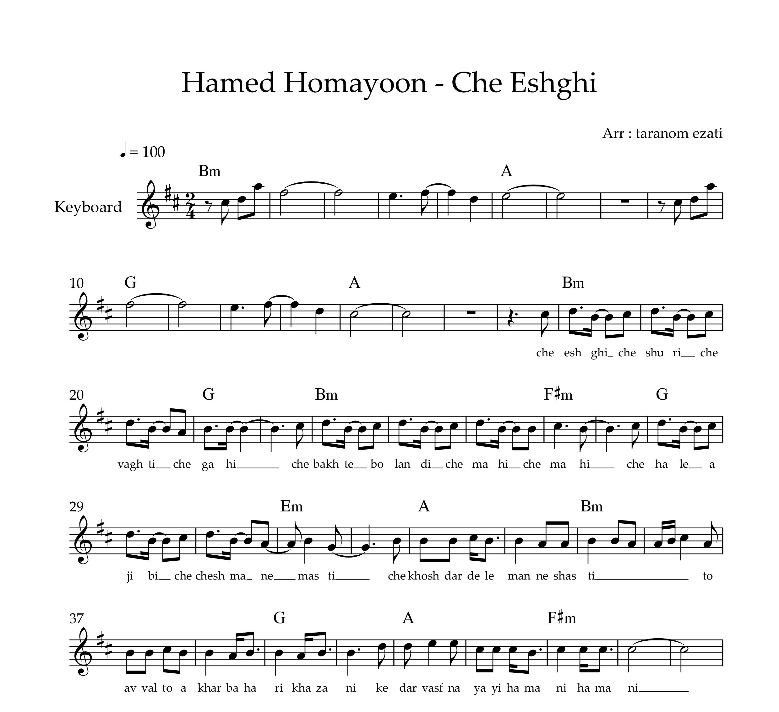 نت کیبورد چه عشقی حامد همایون به همراه آکورد