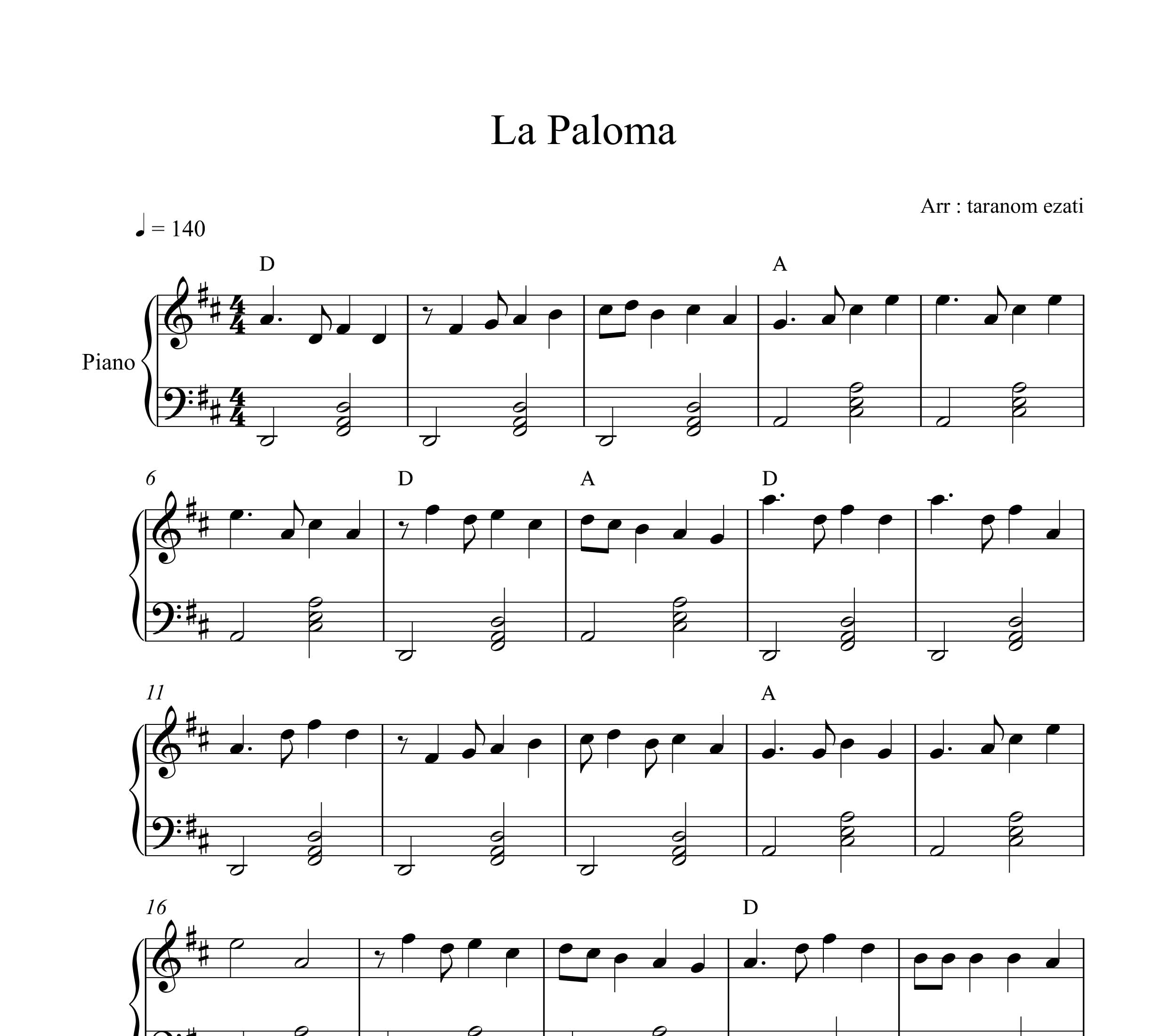 نت پیانو la paloma فرانسیسکو تارگا