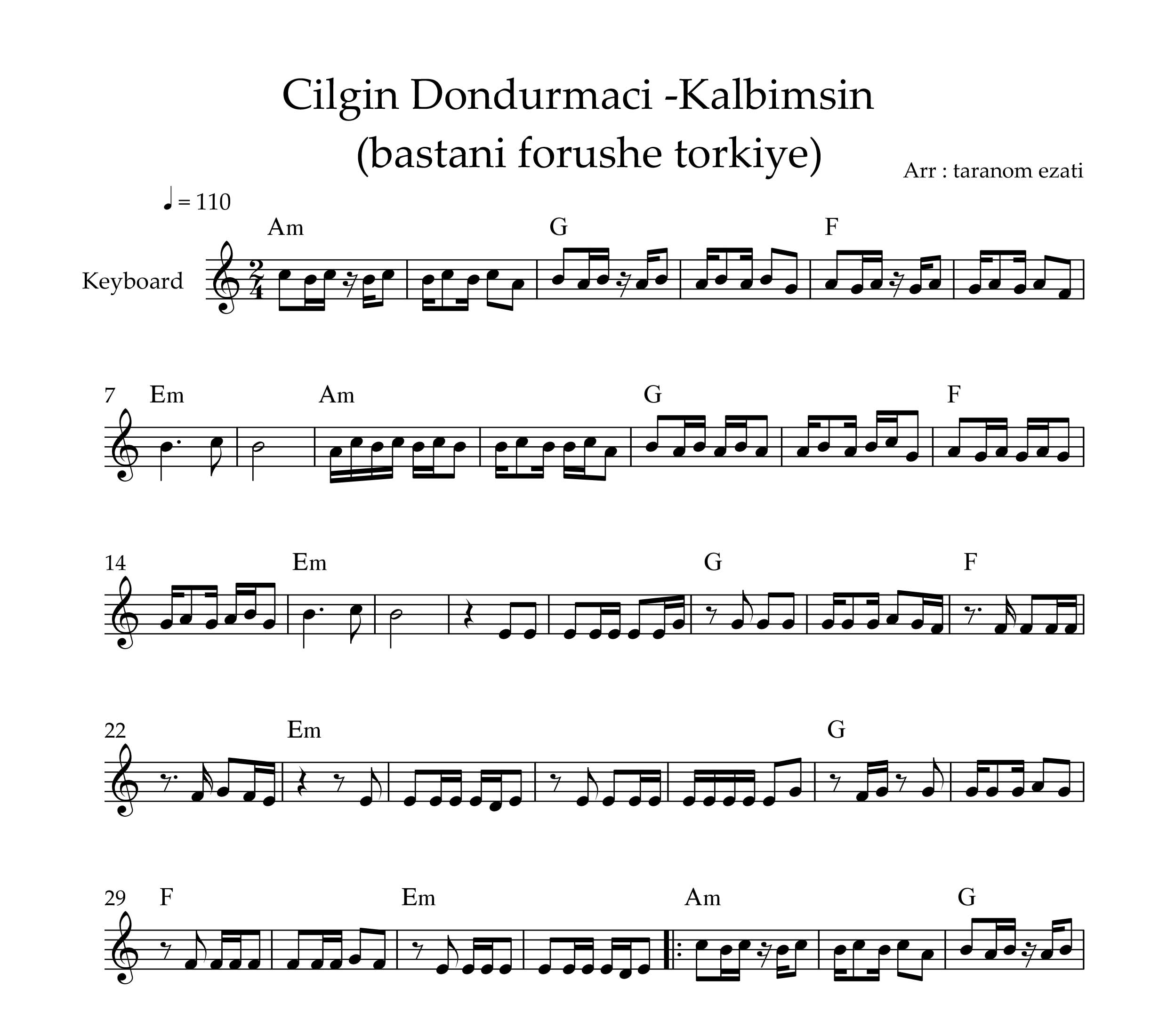 نت کیبورد انتی قلبی قلبی kalbimsin از Cilgin dondurmaci به همراه آکورد