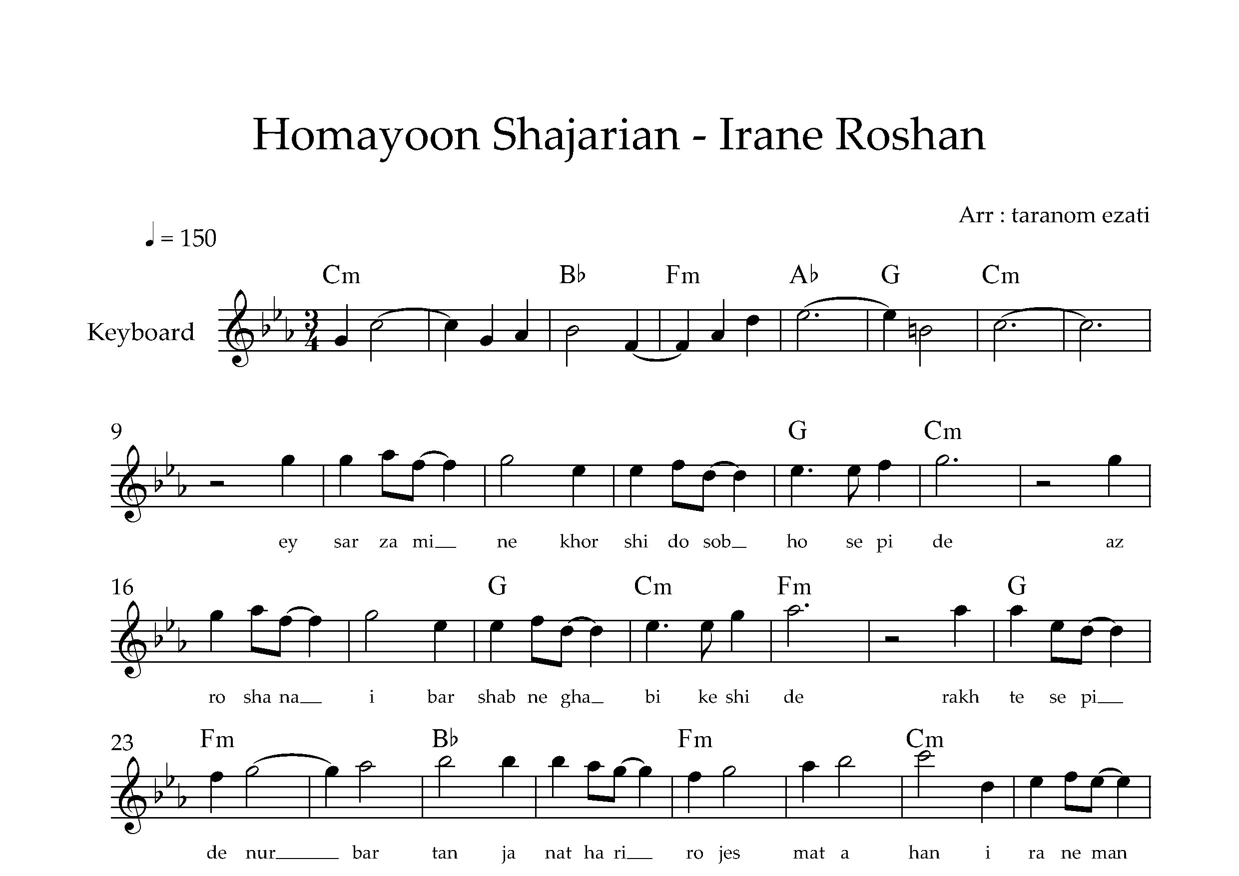 نت کیبورد ایران روشن همایون شجریان به همراه آکورد