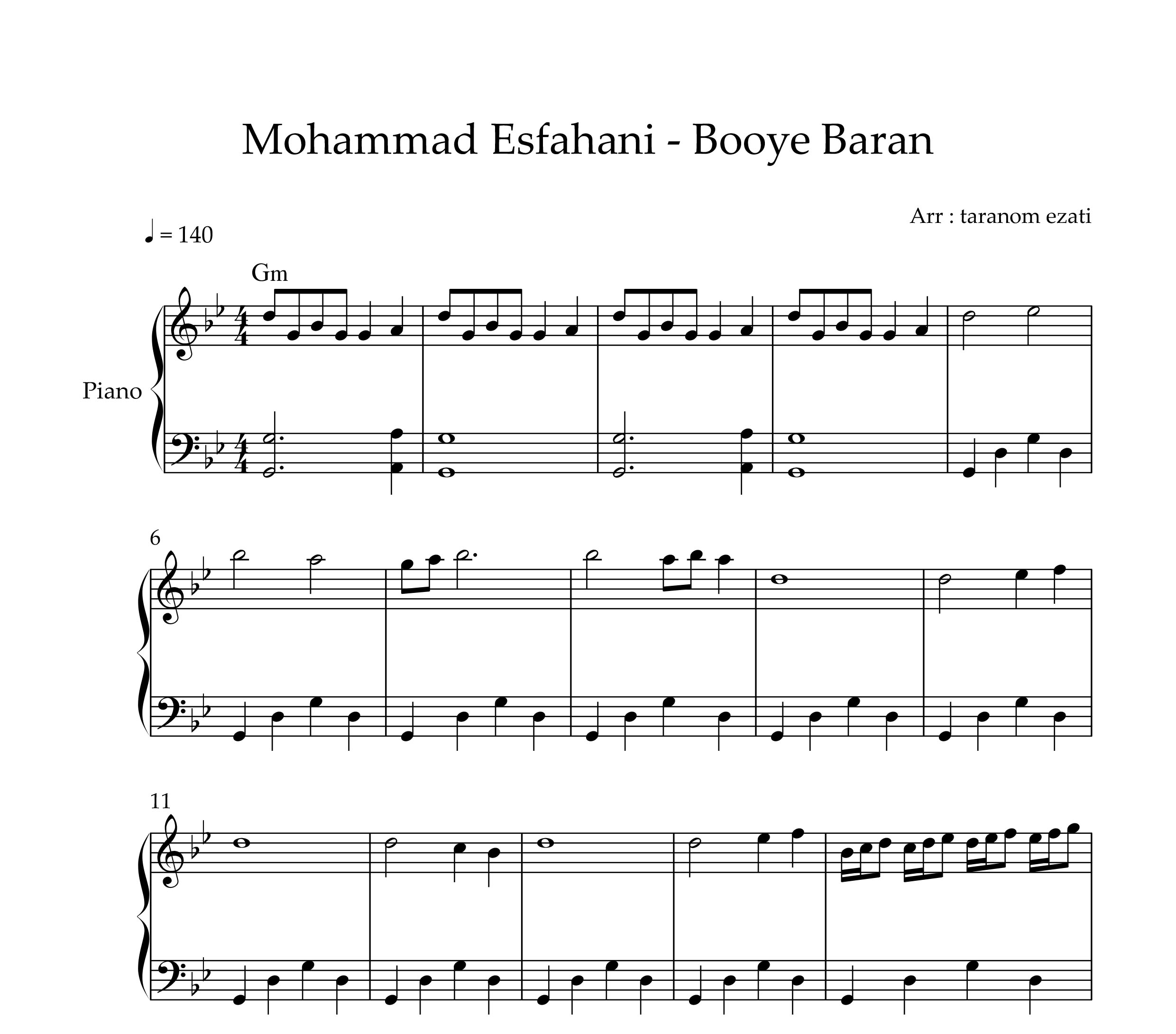 نت پیانو بوی باران محمد اصفهانی