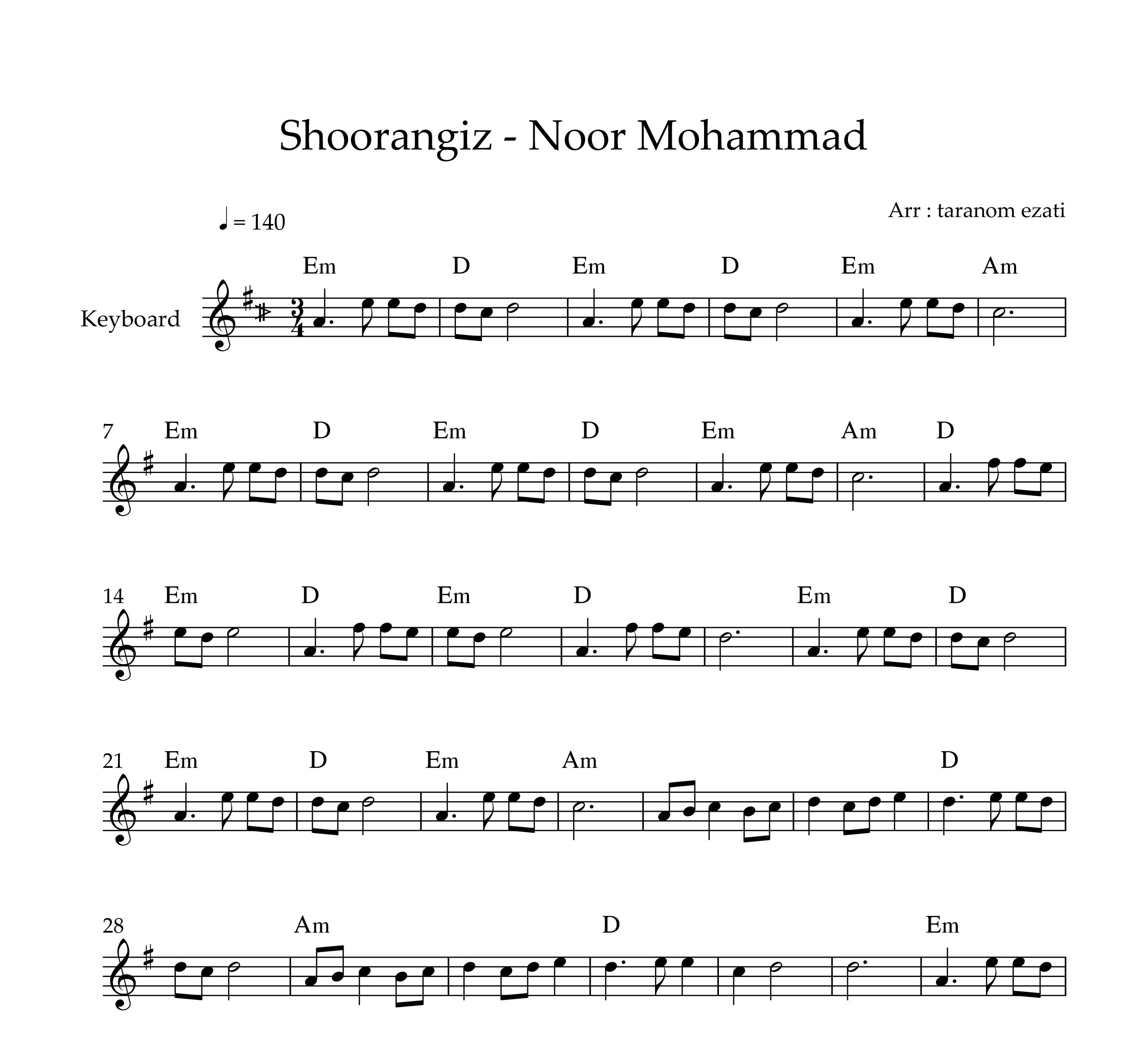 نت کیبورد نور محمد شورانگیز به همراه آکورد