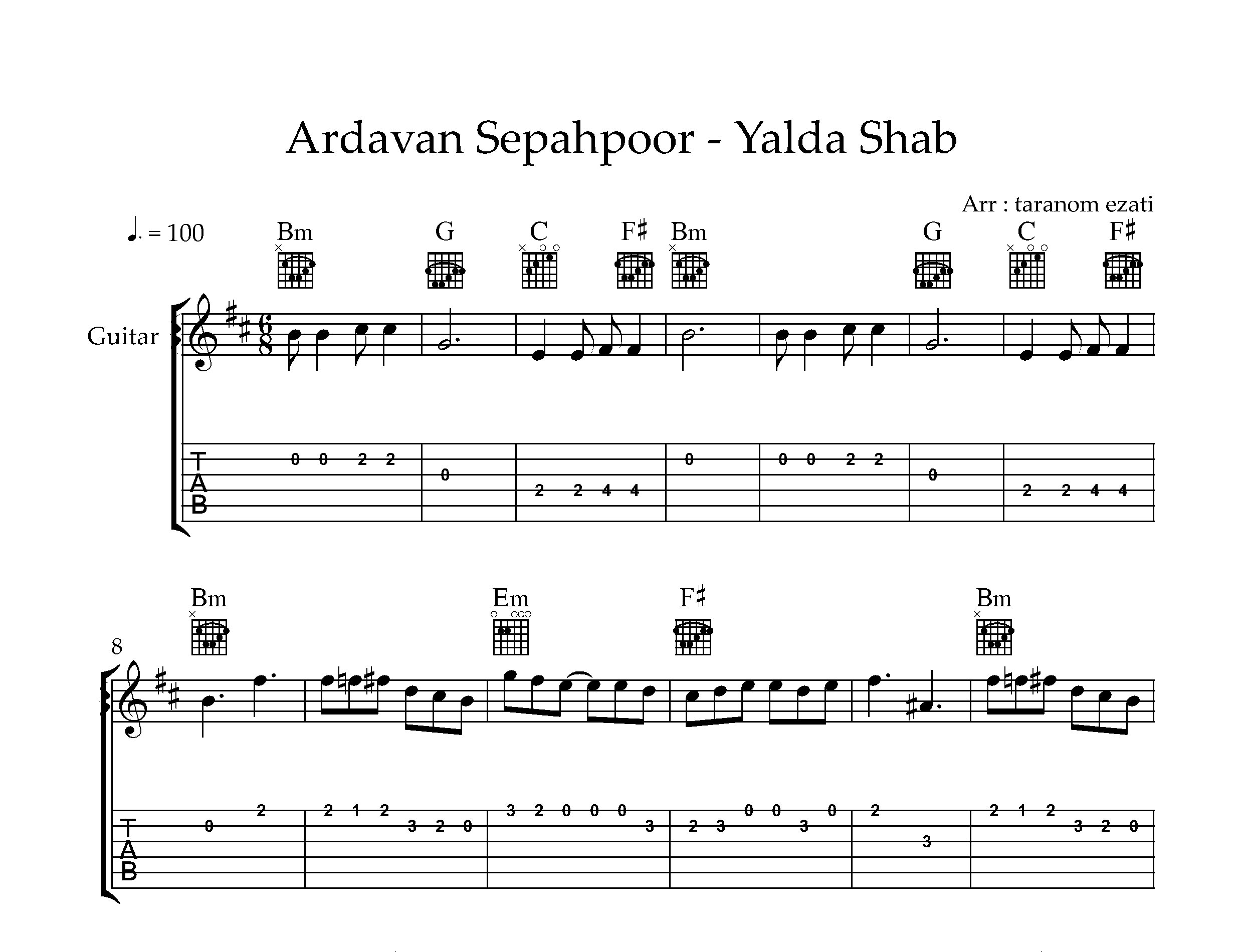 نت گیتار یلدا شب اردوان سپه پور به همراه تبلچر و آکورد