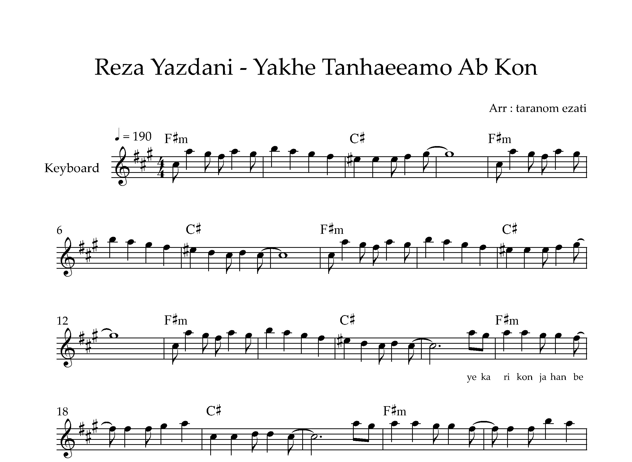 نت کیبورد یخ تنهاییمو آب کن رضا یزدانی به همراه آکورد