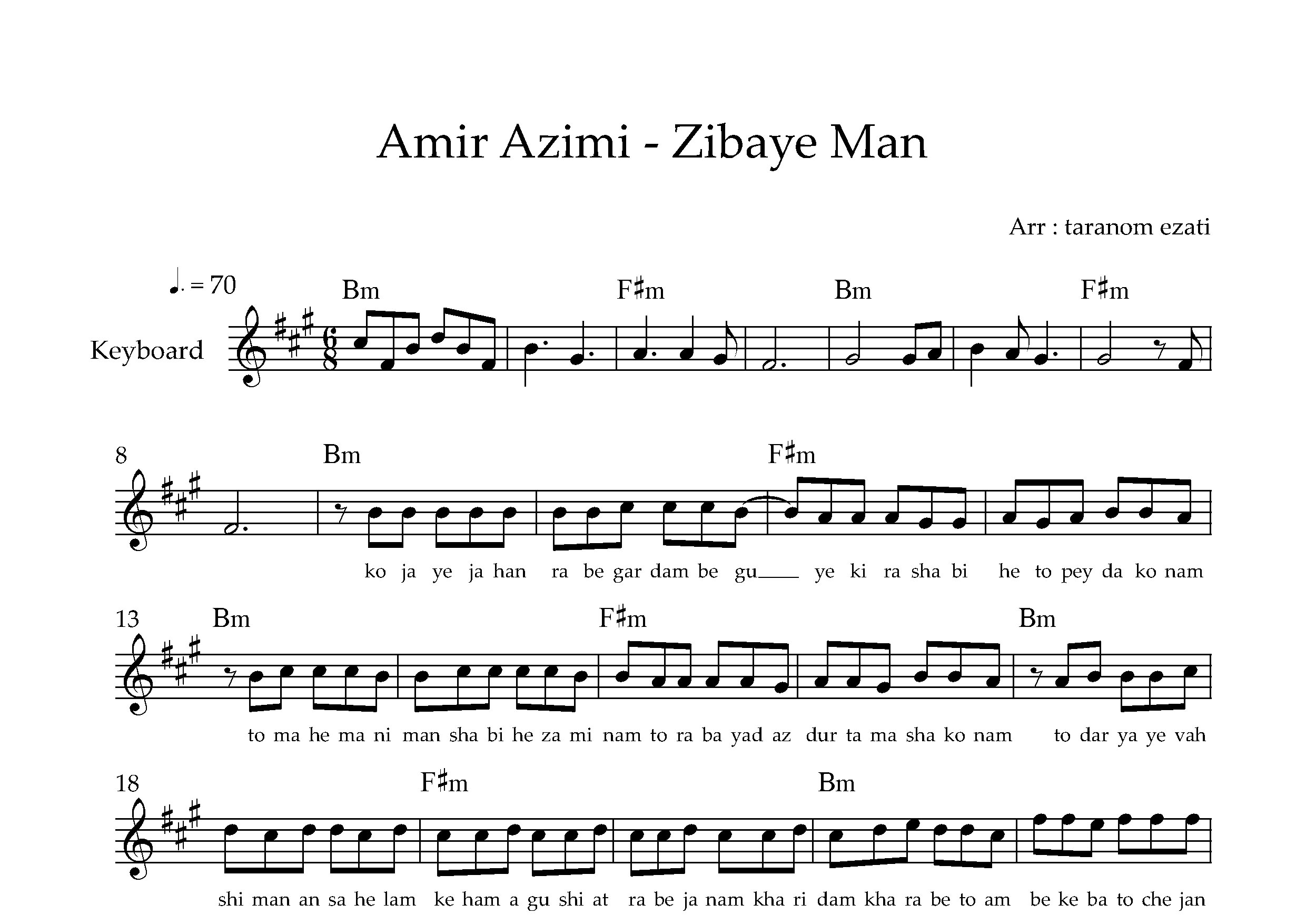 نت کیبورد زیبای من امیر عظیمی به همراه آکورد