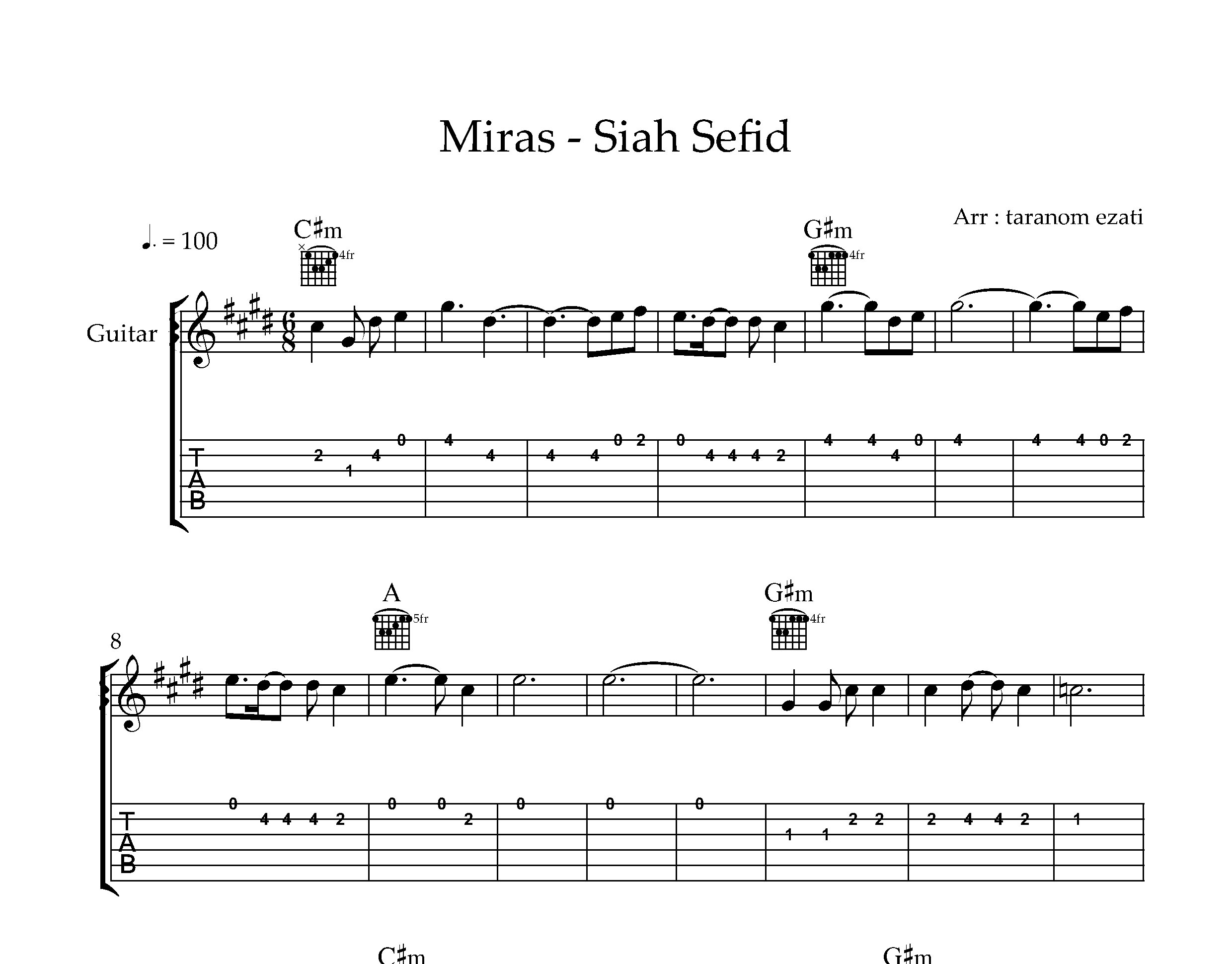 نت گیتار سیاه سفید میراث به همراه تبلچر و آکورد