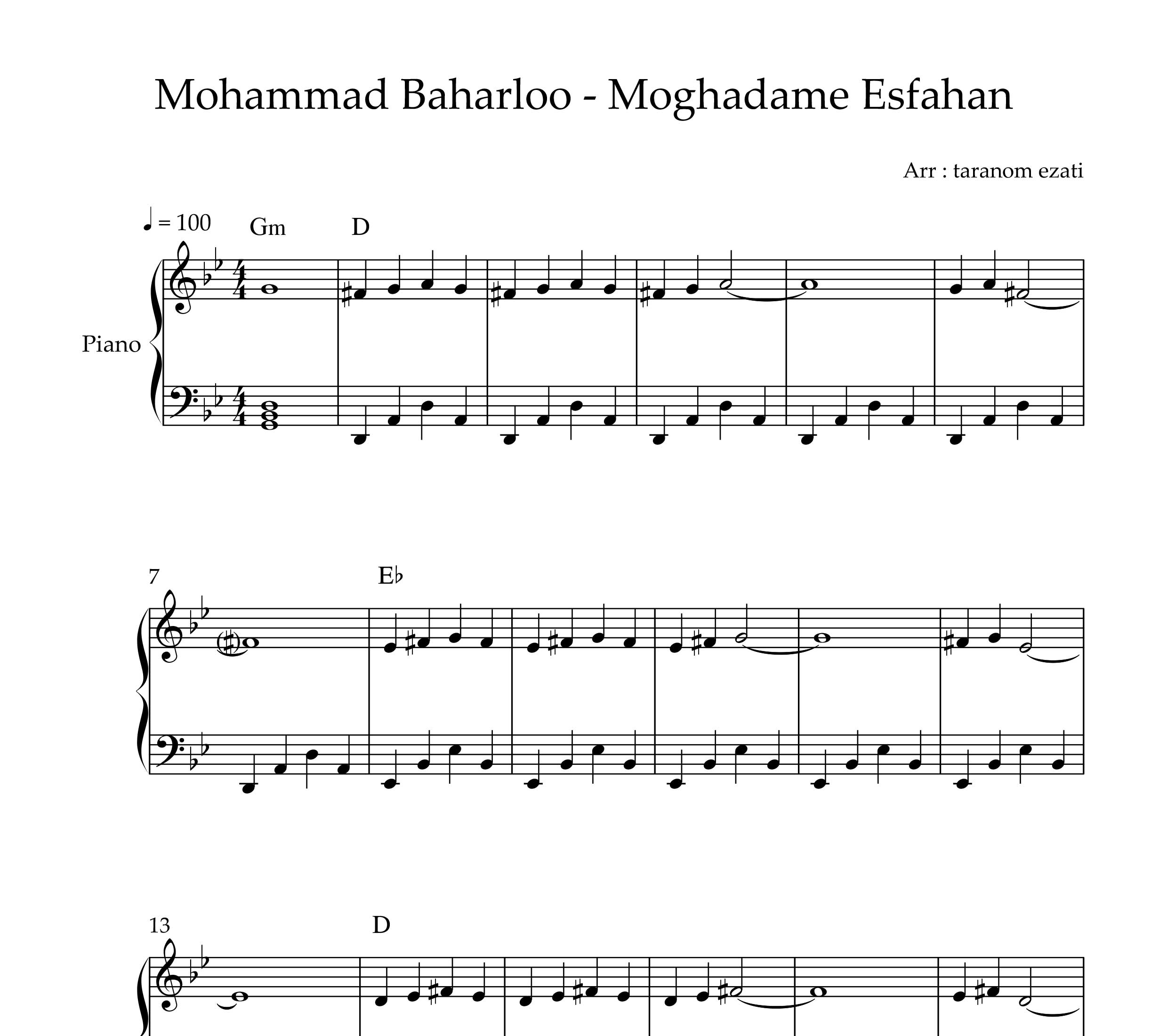 نت پیانو مقدمه ای بر اصفهان محمد بهارلو