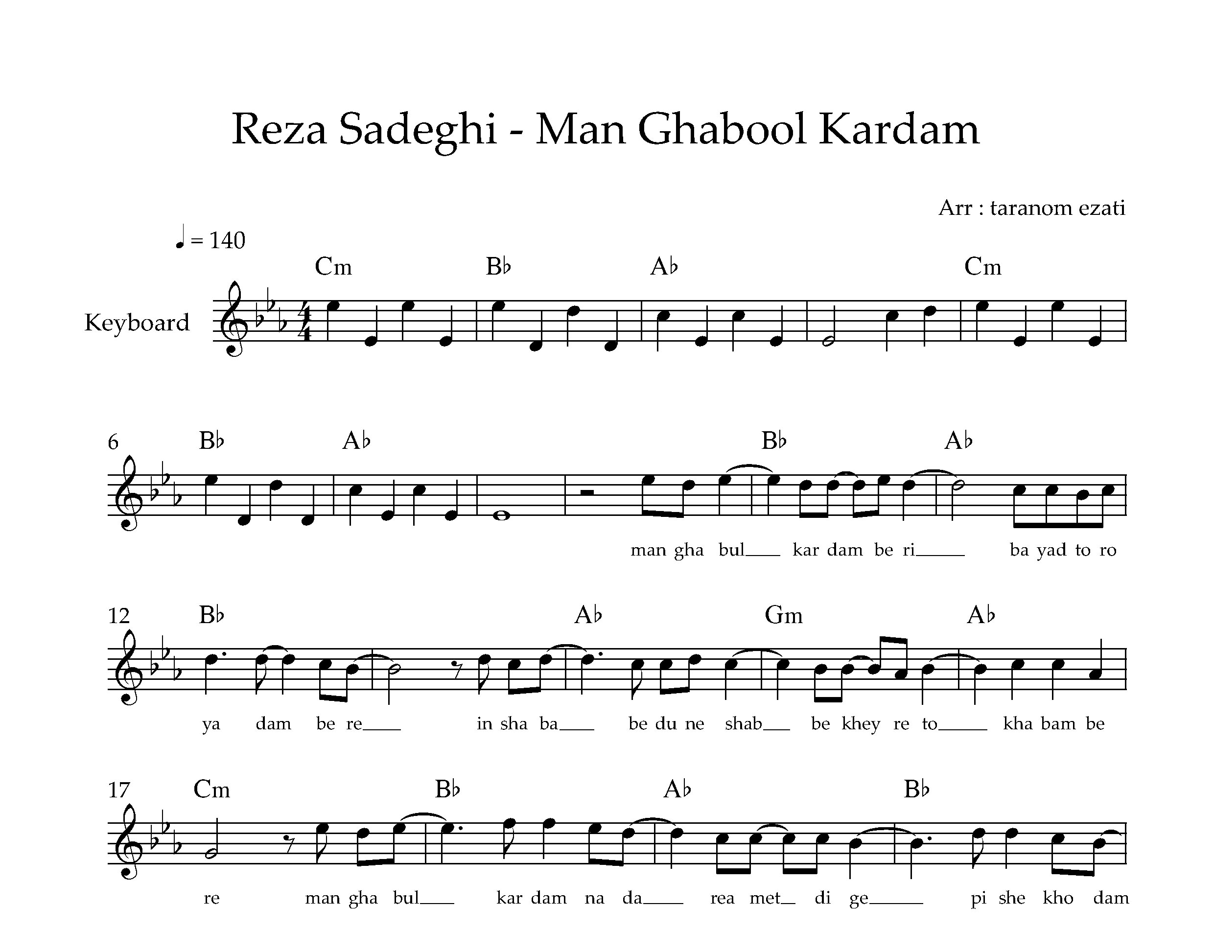 نت کیبورد من قبول کردم رضا صادقی به همراه آکورد