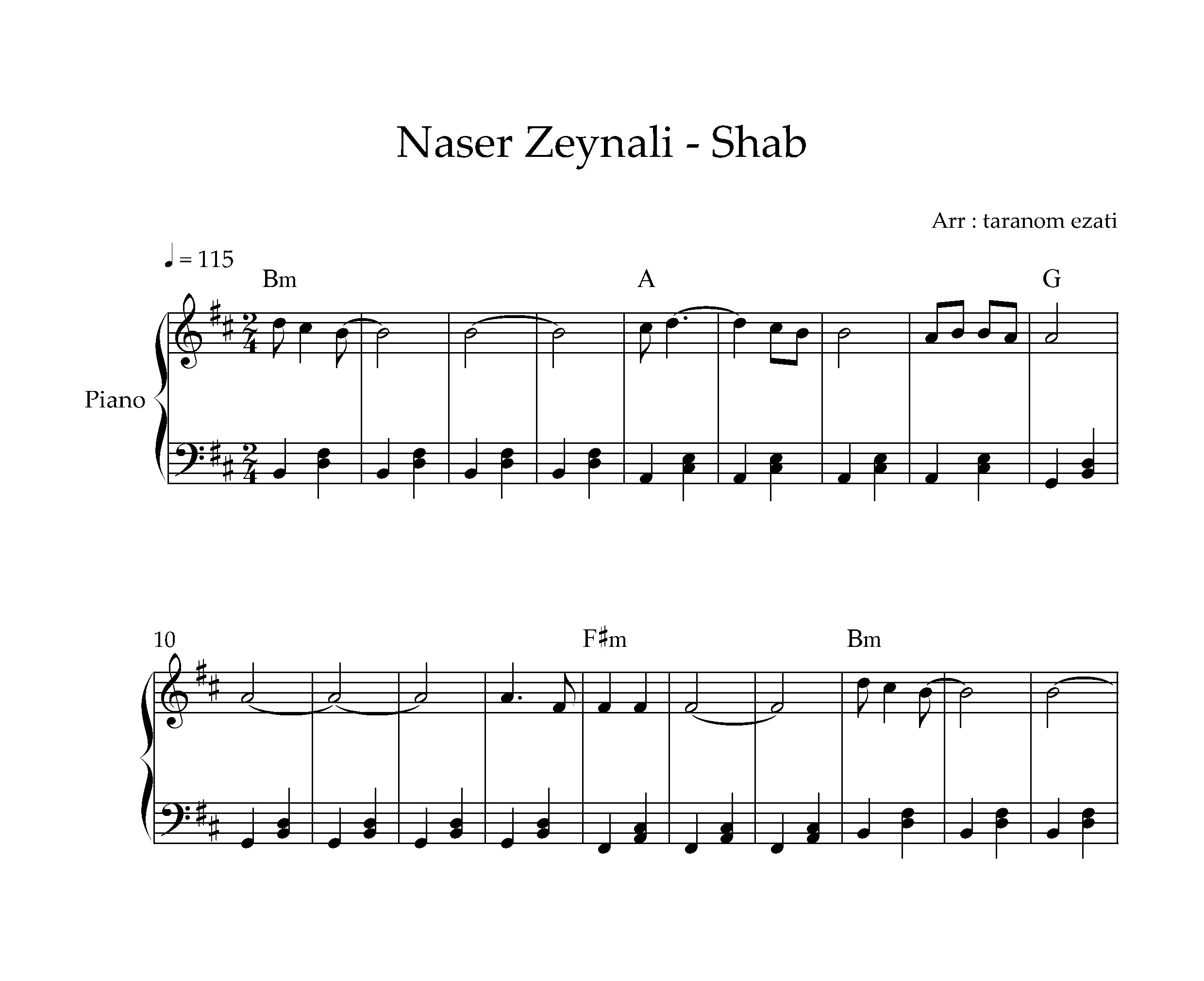 نت پیانو شب ناصر زینعلی