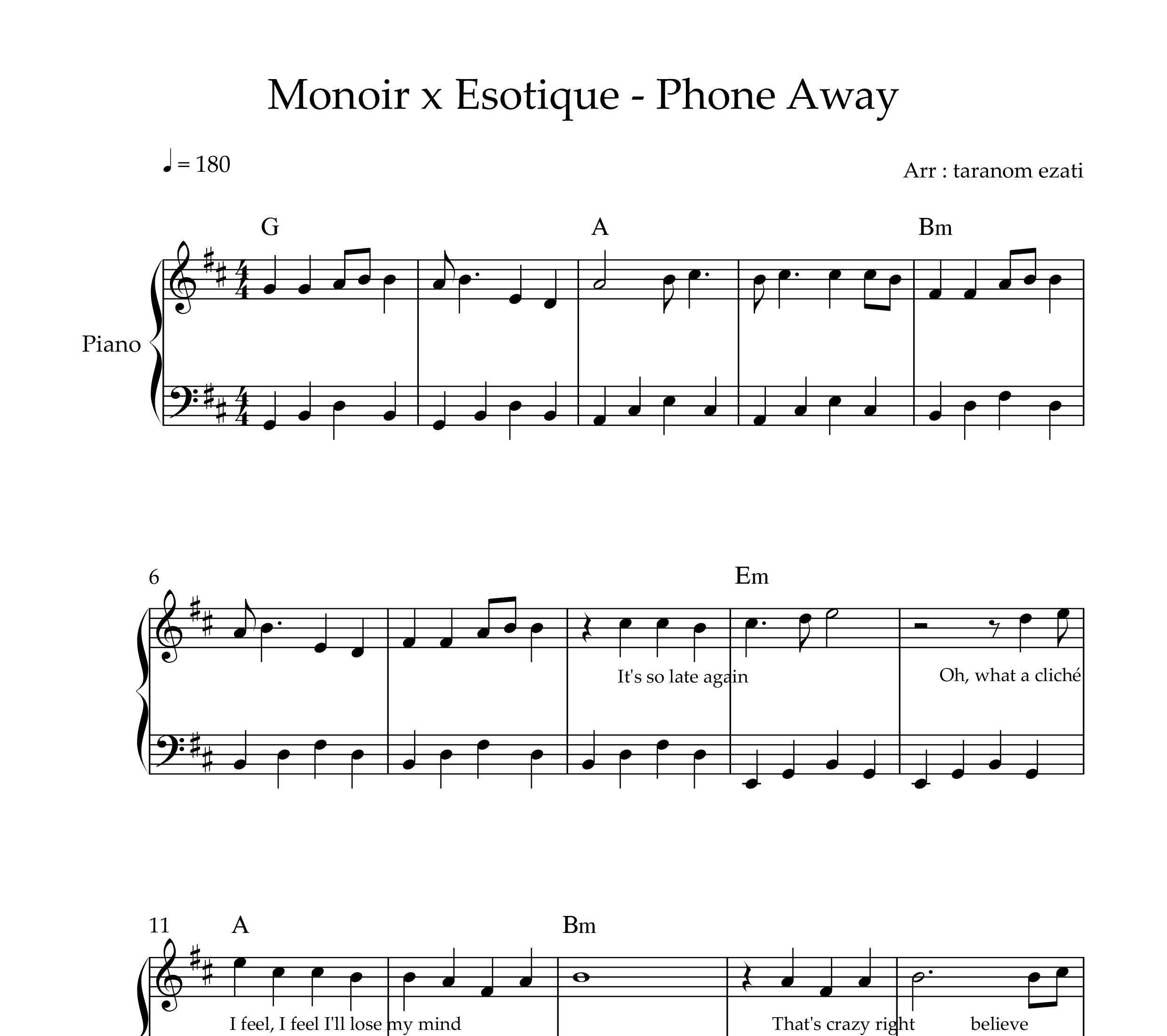 نت پیانو phone away از monoir x esotique