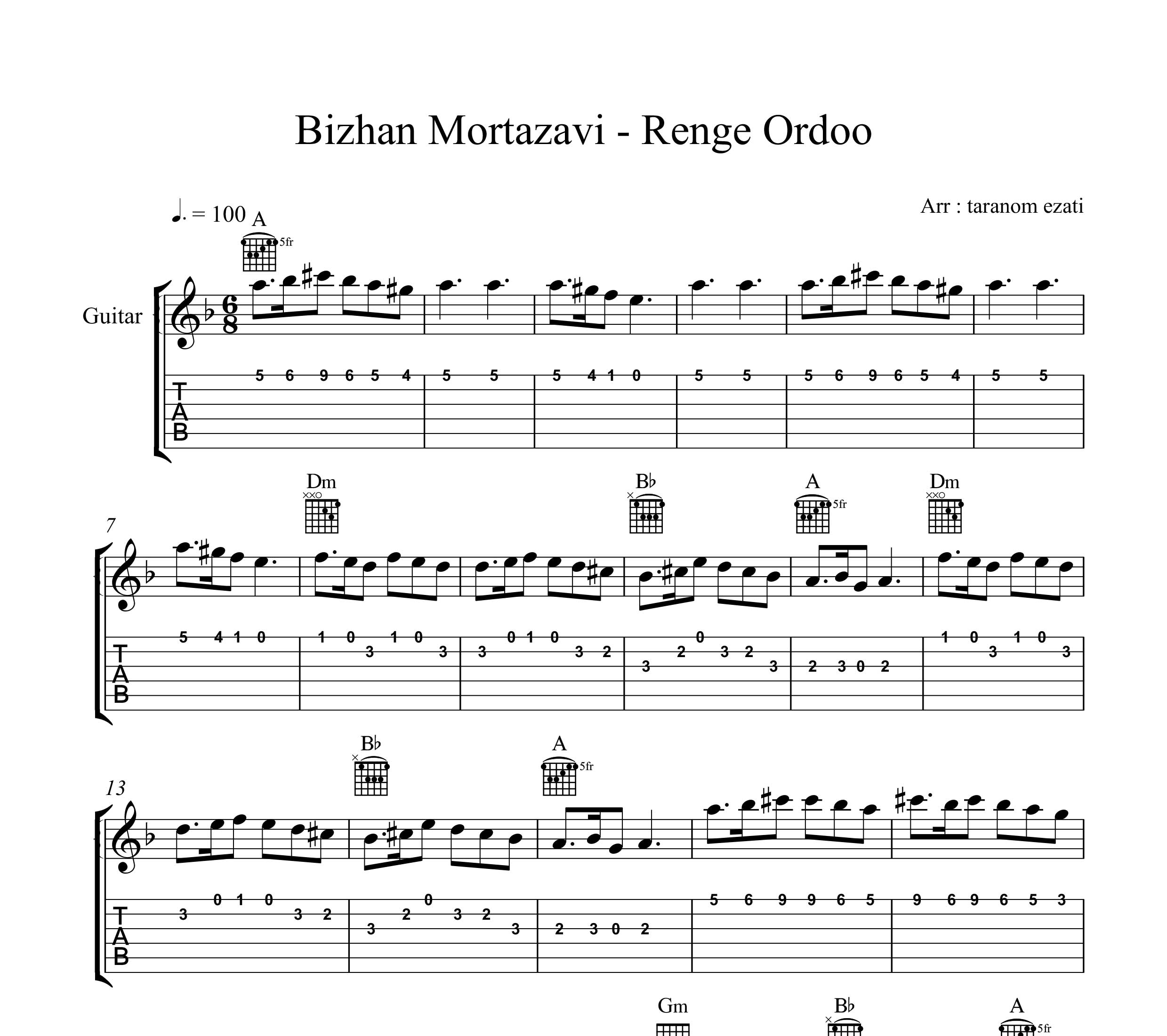 نت گیتار رنگ اردو بیژن مرتضوی به همراه تبلچر و آکورد