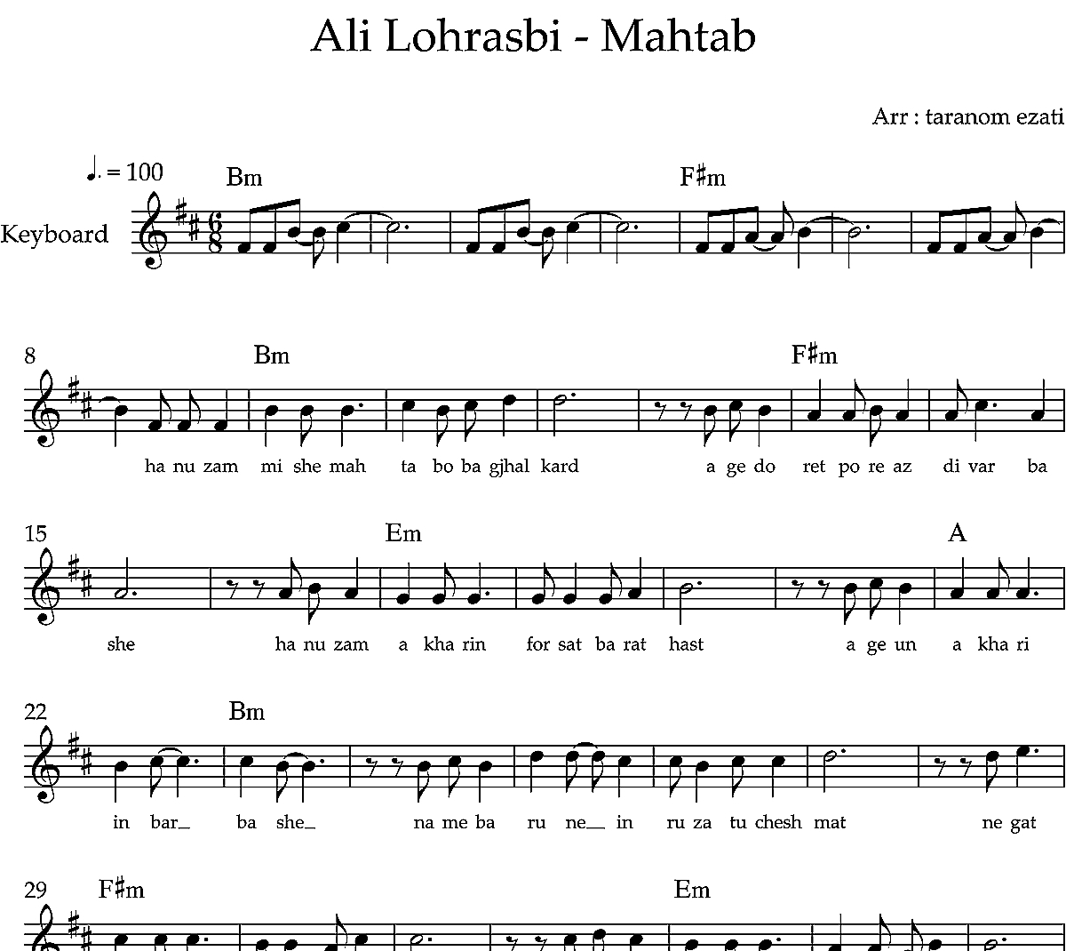 نت کیبورد مهتاب علی لهراسبی به همراه آکورد