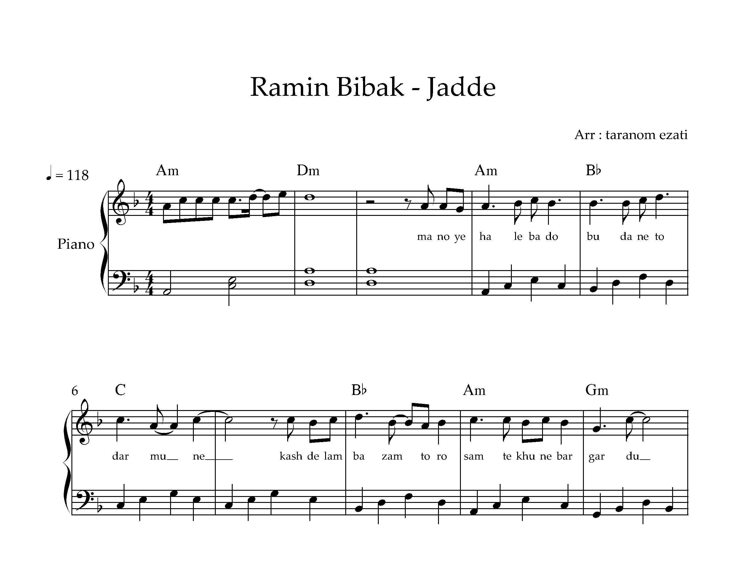 نت پیانو جاده رامین بی باک