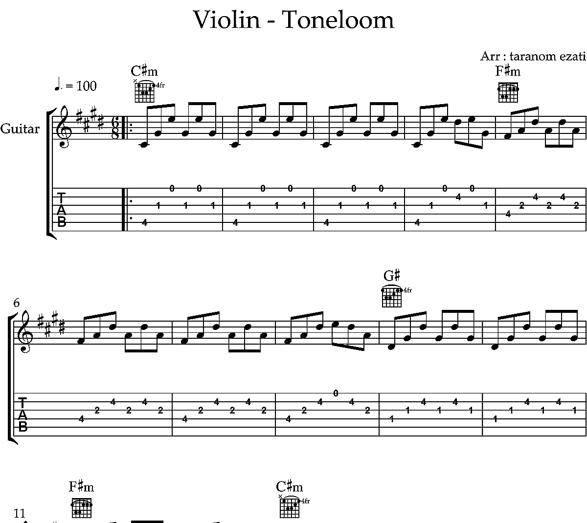 نت گیتار Toneloom Violin به همراه تبلچر و آکورد