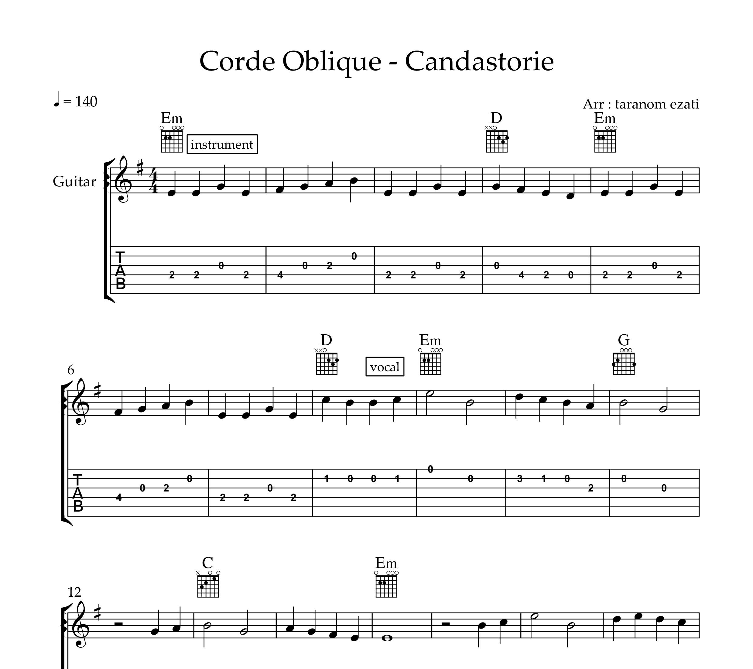 نت گیتار Candastorie از Corde Oblique به همراه تبلچر و آکورد