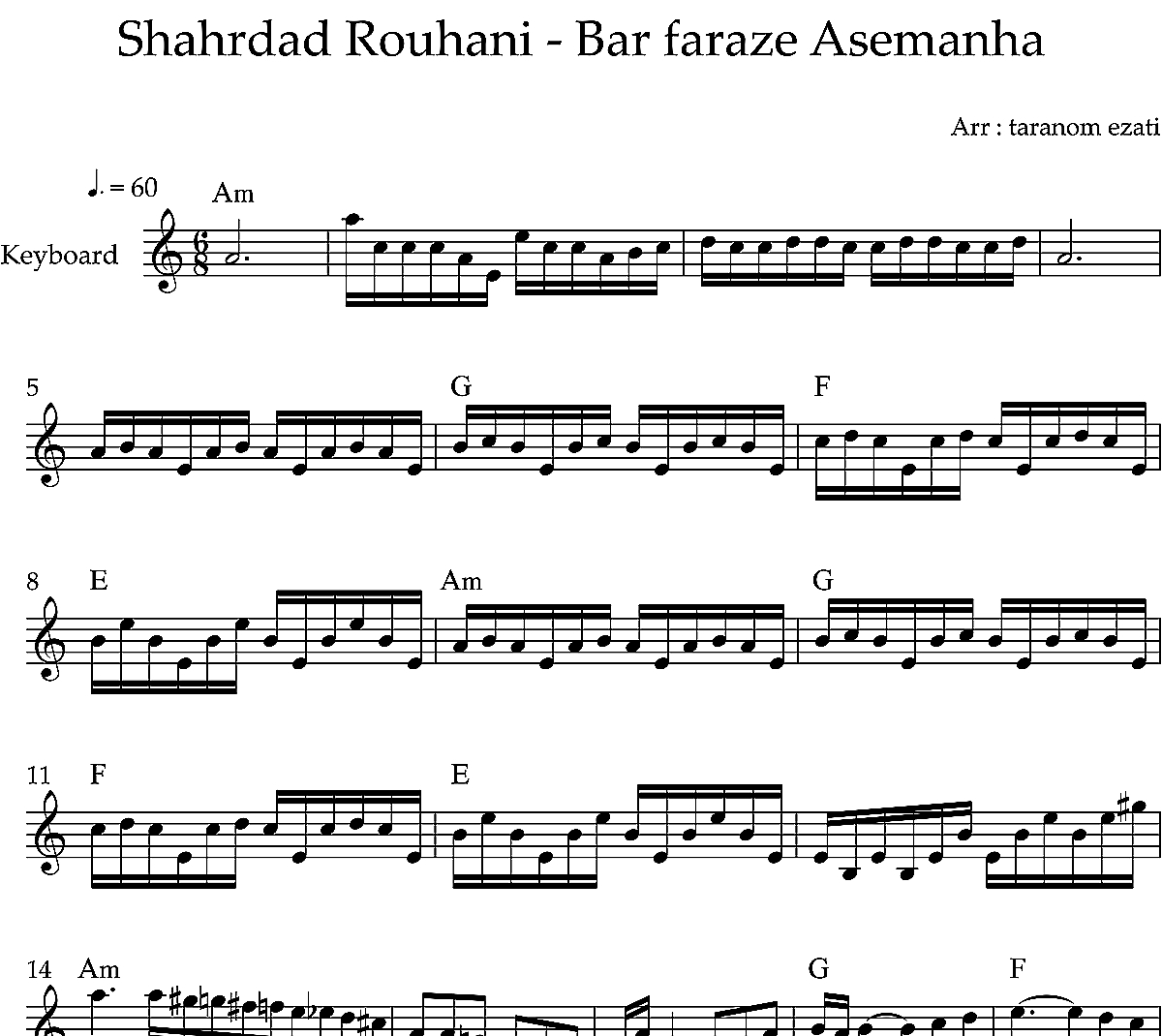 نت کیبورد بر فراز آسمانها شهرداد روحانی به همراه آکورد