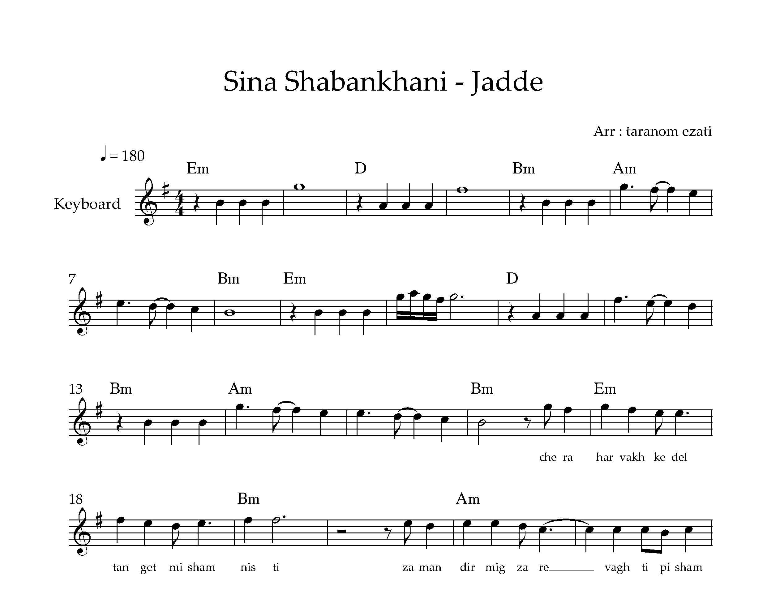 نت کیبورد جاده سینا شعبانخانی به همراه آکورد