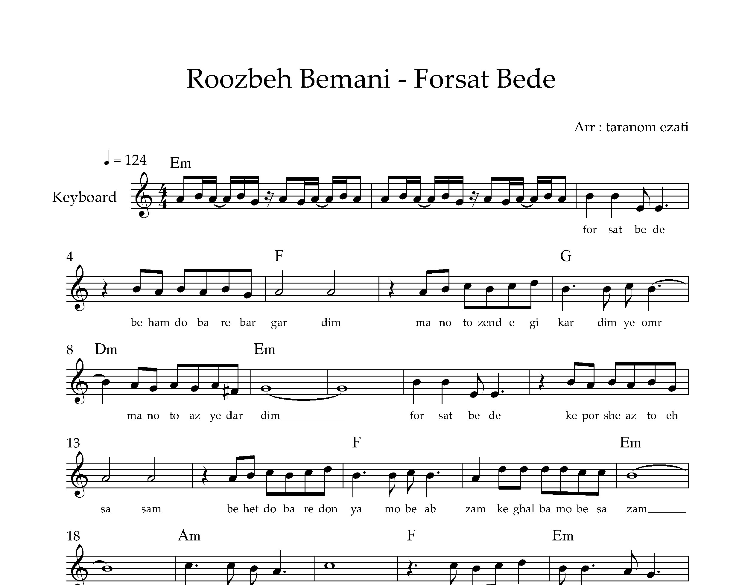 نت کیبورد فرصت بده روزبه بمانی به همراه آکورد