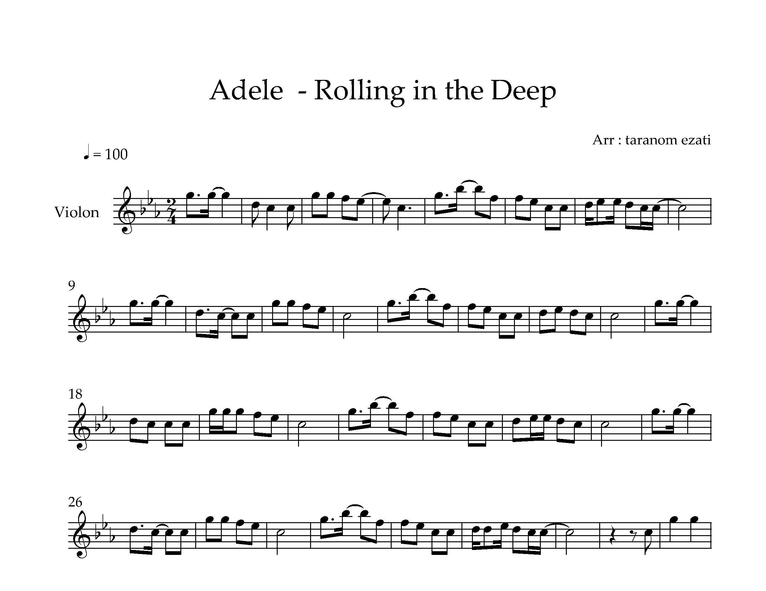 نت ویولن Rolling in the Deep از Adele