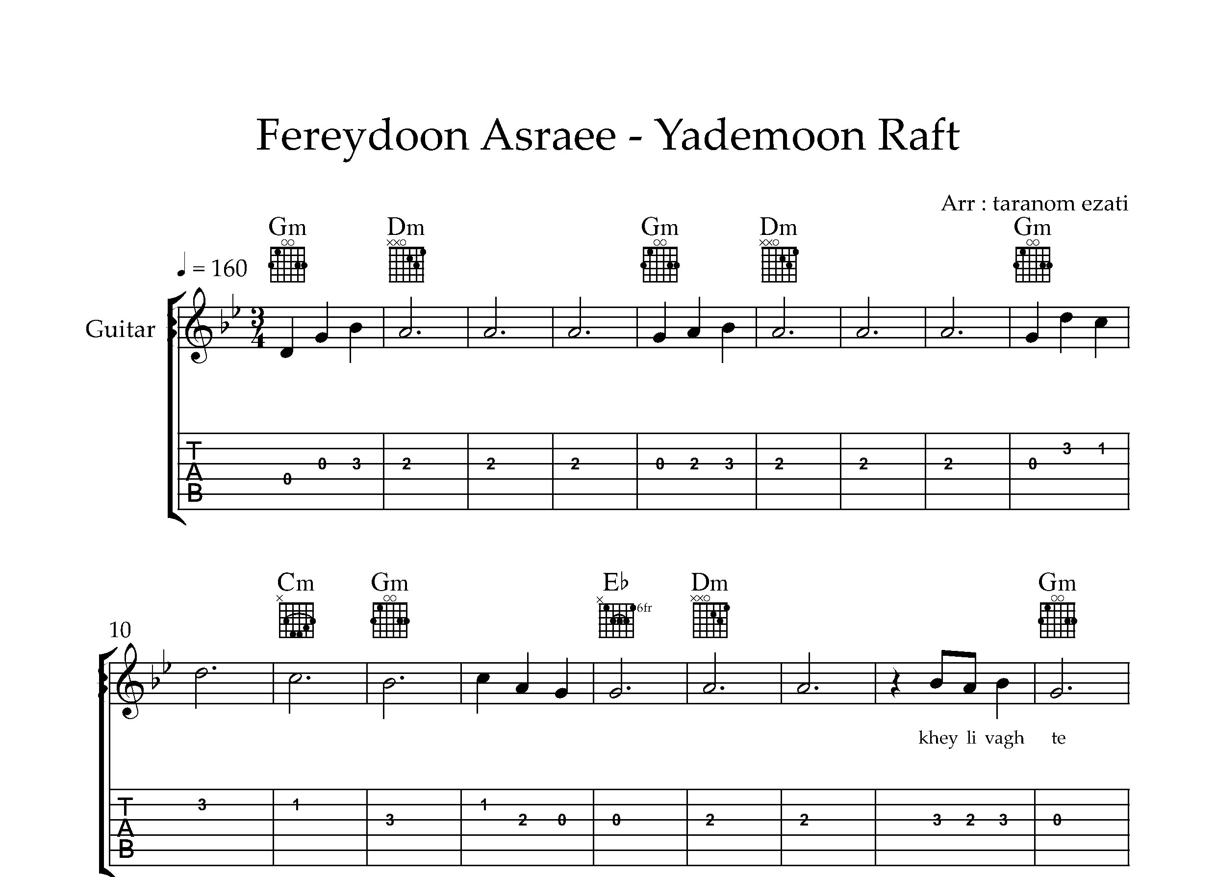 نت گیتار یادمون رفت فریدون آسرایی به همراه تبلچر و آکورد