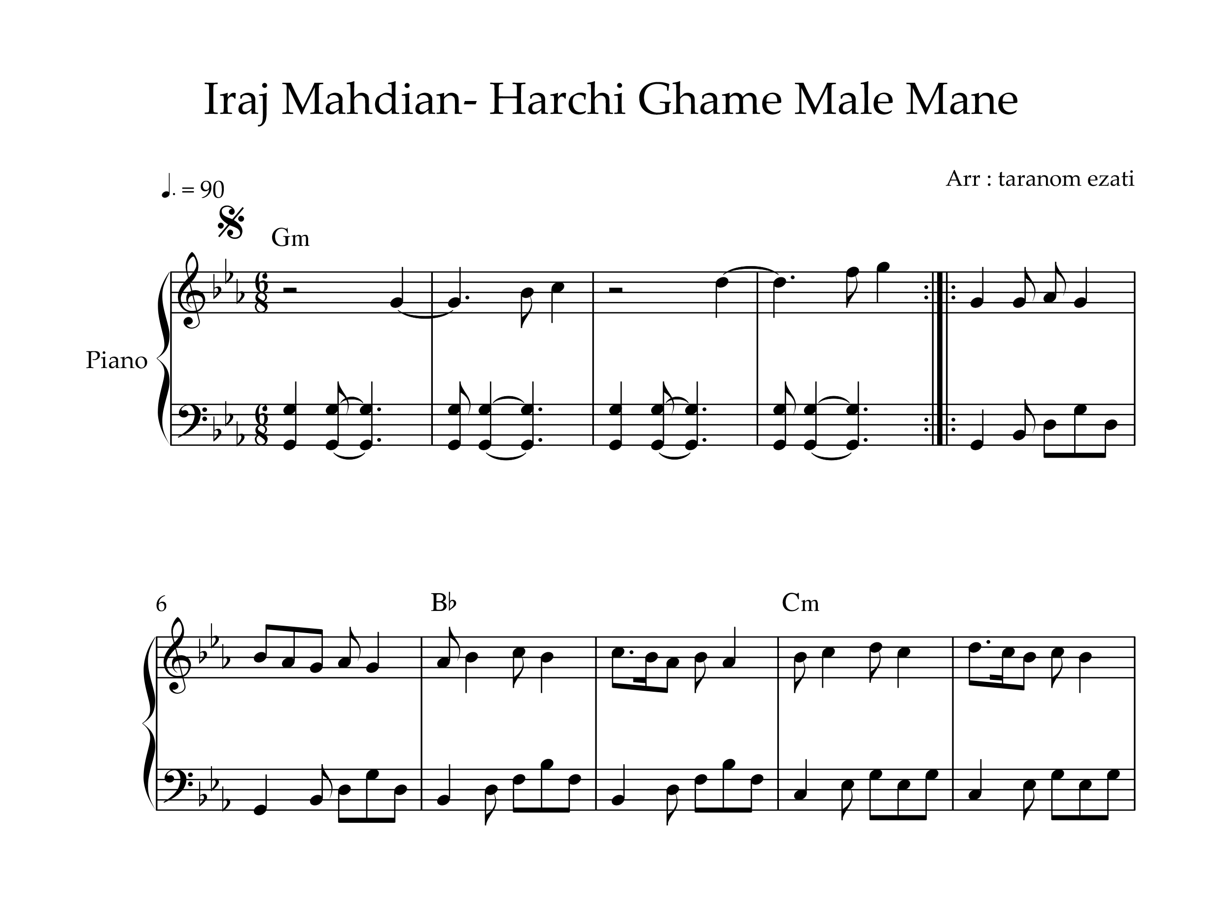 نت پیانو هر چی غمه مال منه ایرج مهدیان