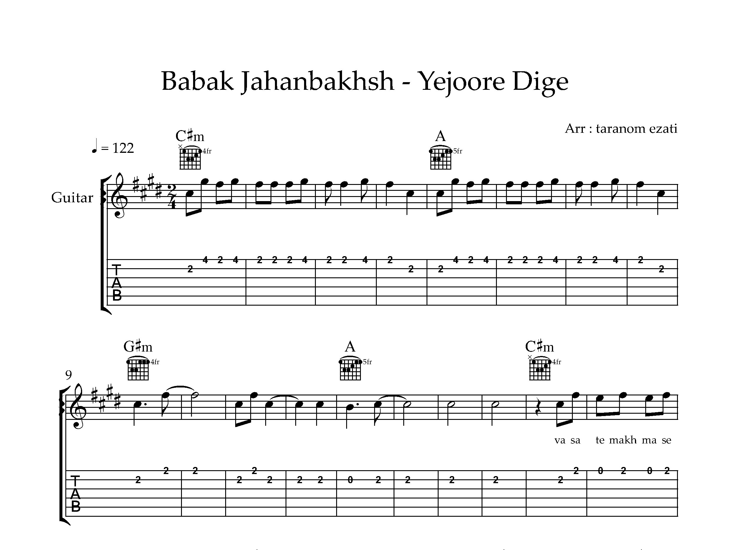 نت گیتار یه جور دیگه بابک جهانبخش به همراه تبلچر و آکورد