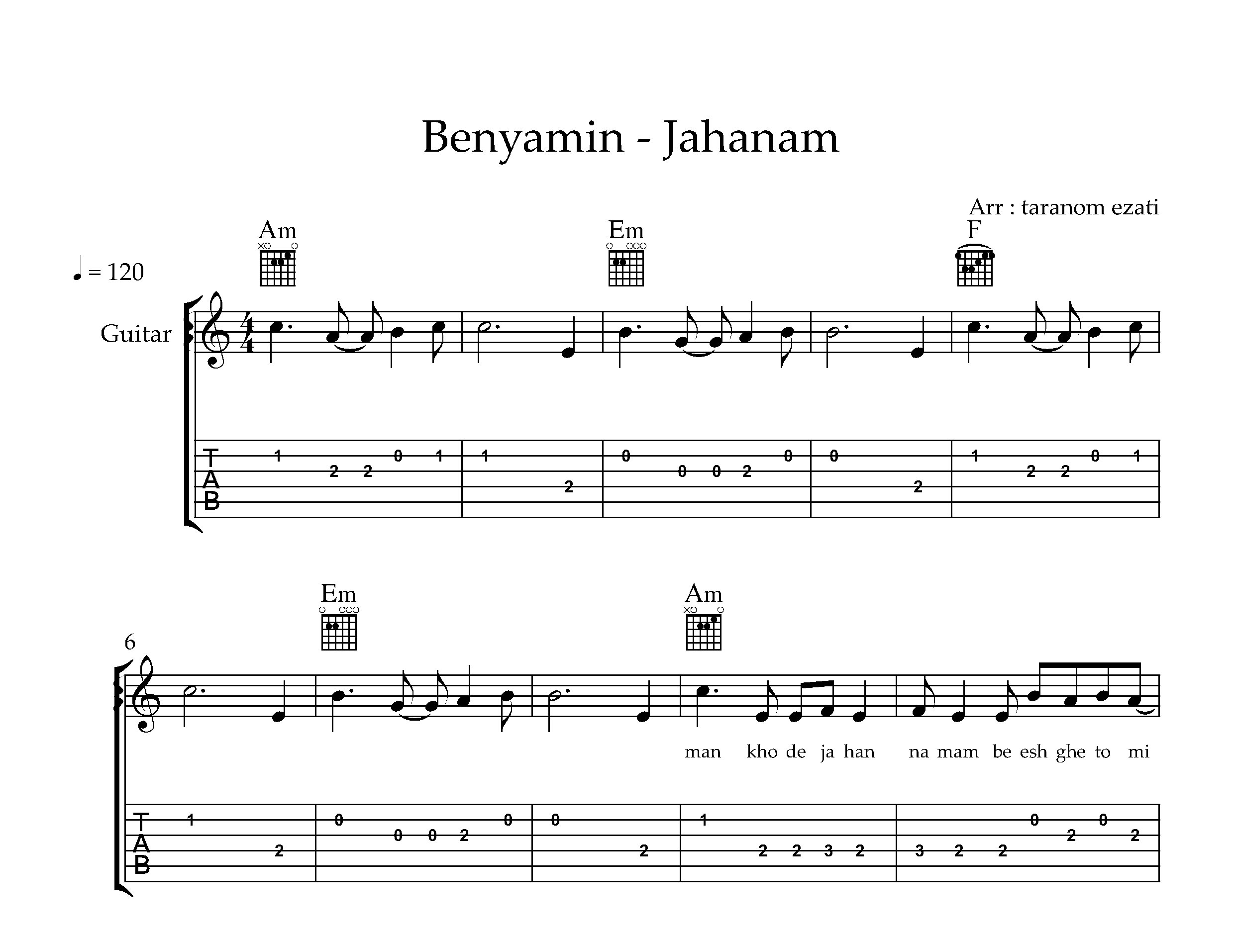 نت گیتار جهنم بنیامین بهادری به همراه تبلچر و آکورد