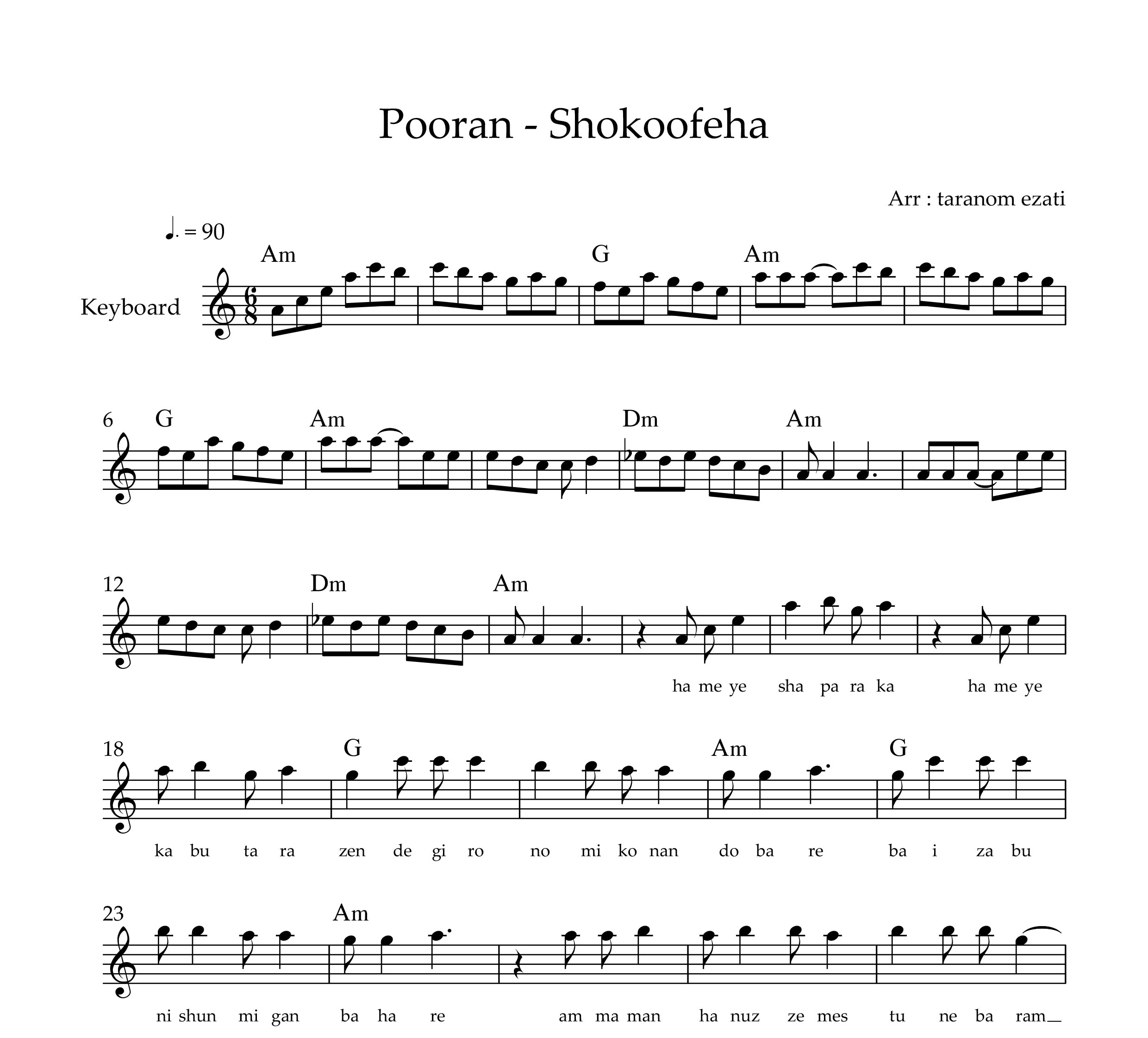 نت کیبورد شکوفه ها پوران به همراه آکورد