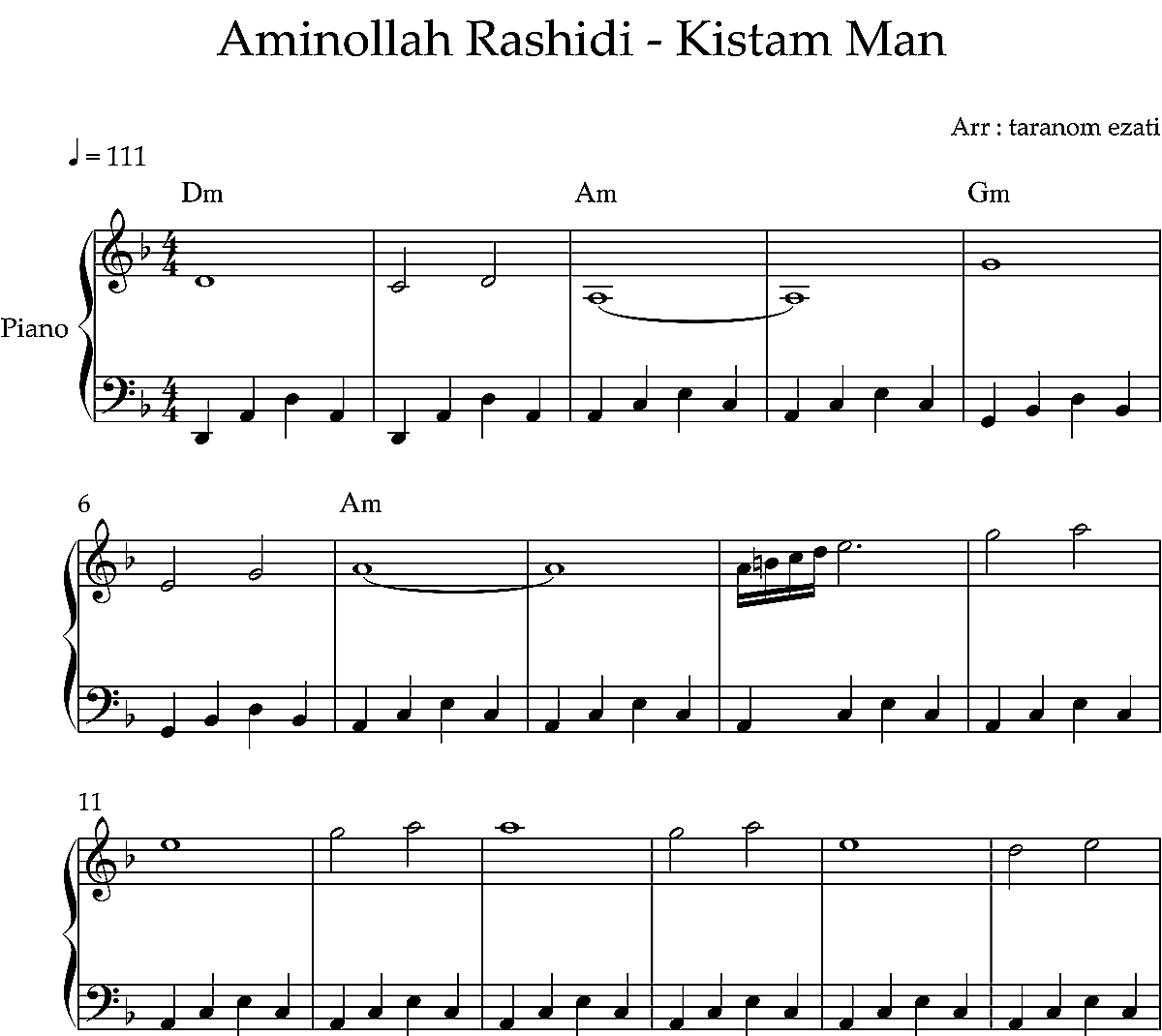 نت پیانو کیستم من امین الله رشیدی