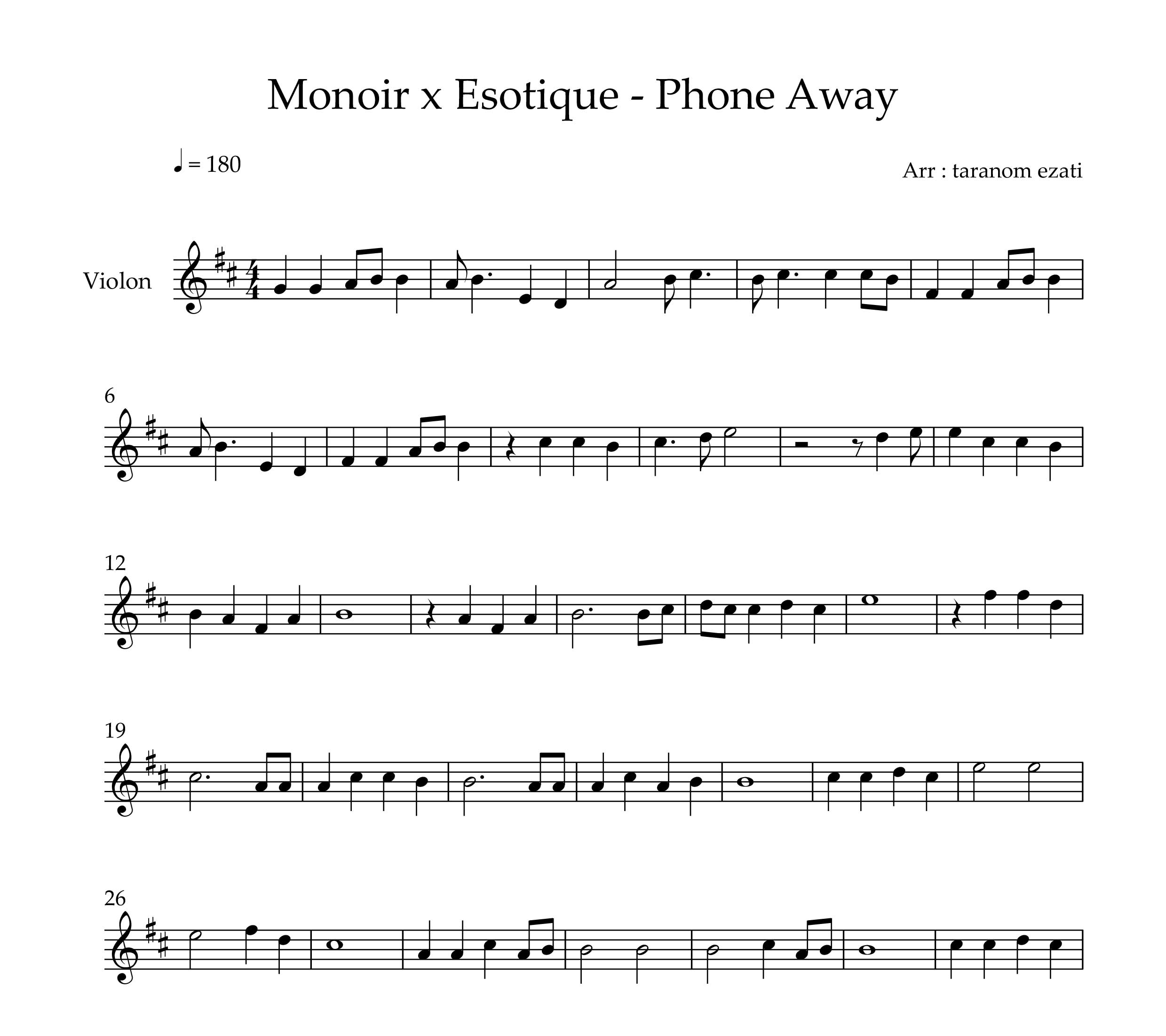 نت ویولن phone away از monoir x esotique