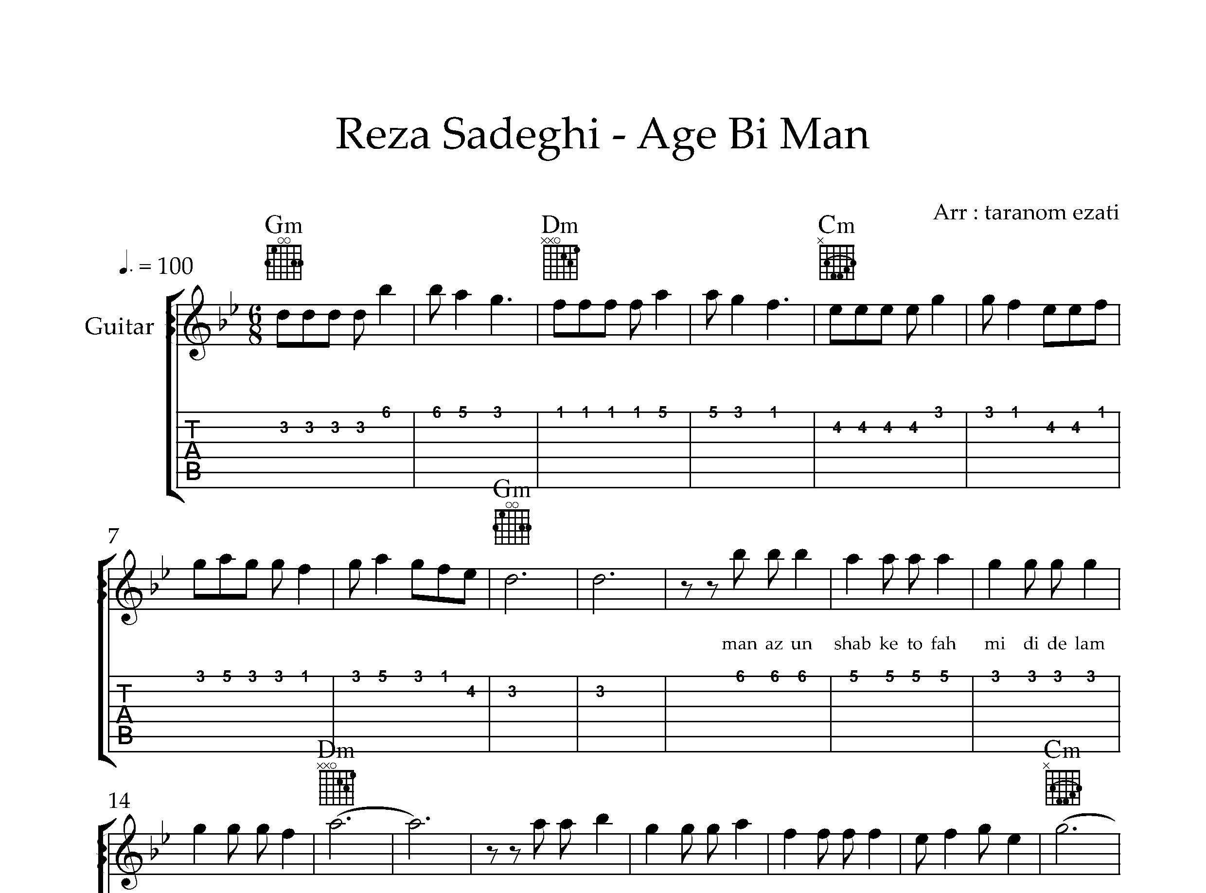 نت گیتار اگه بی من رضا صادقی به همراه تبلچر و آکورد