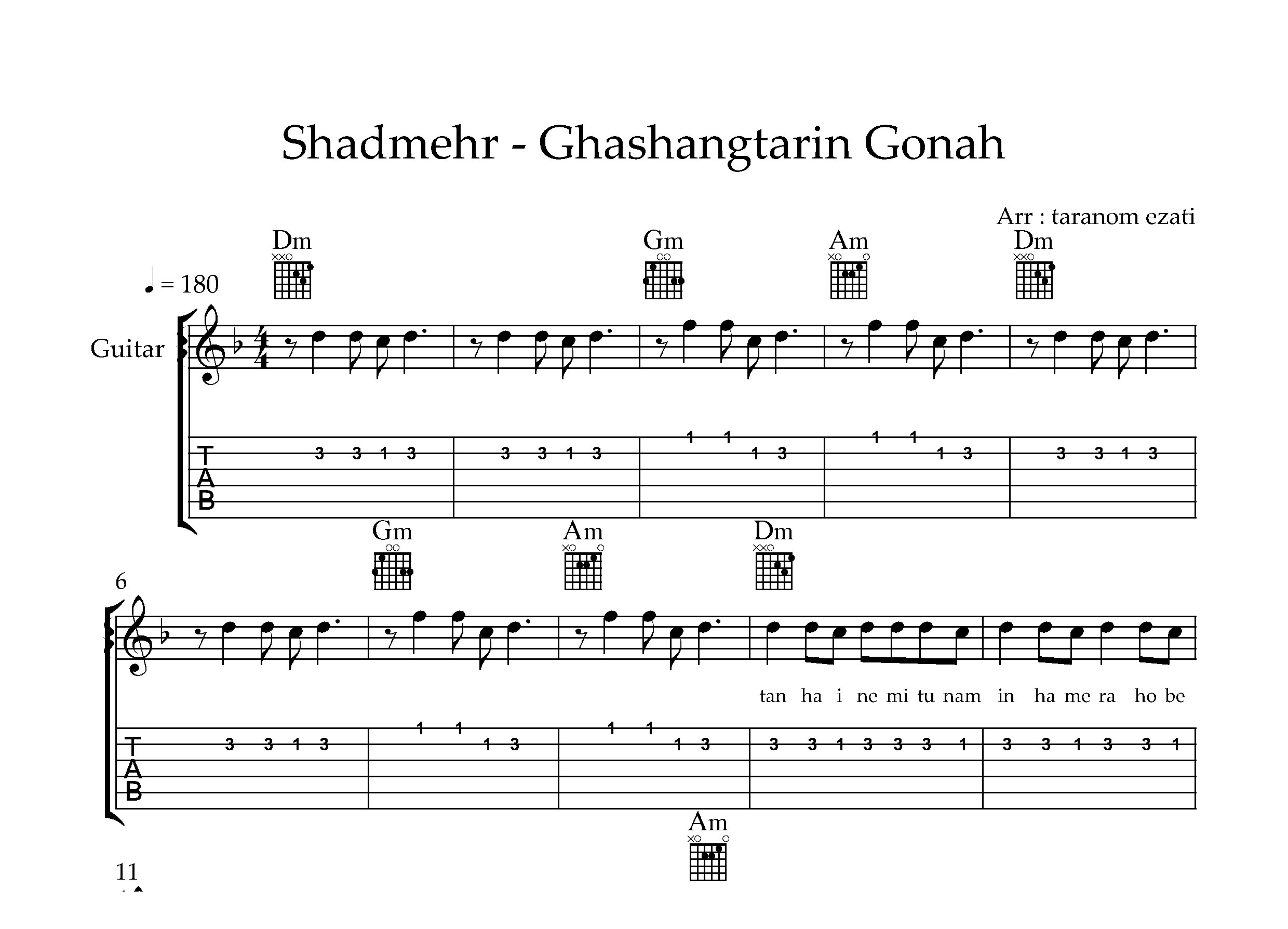 نت گیتار قشنگترین گناه شادمهر عقیلی به همراه تبلچر و آکورد