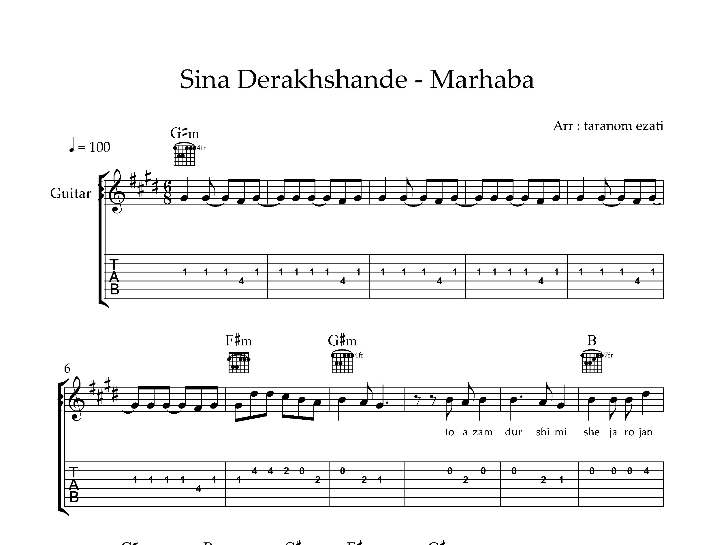 نت گیتار مرحبا سینا درخشنده به همراه تبلچر و آکورد
