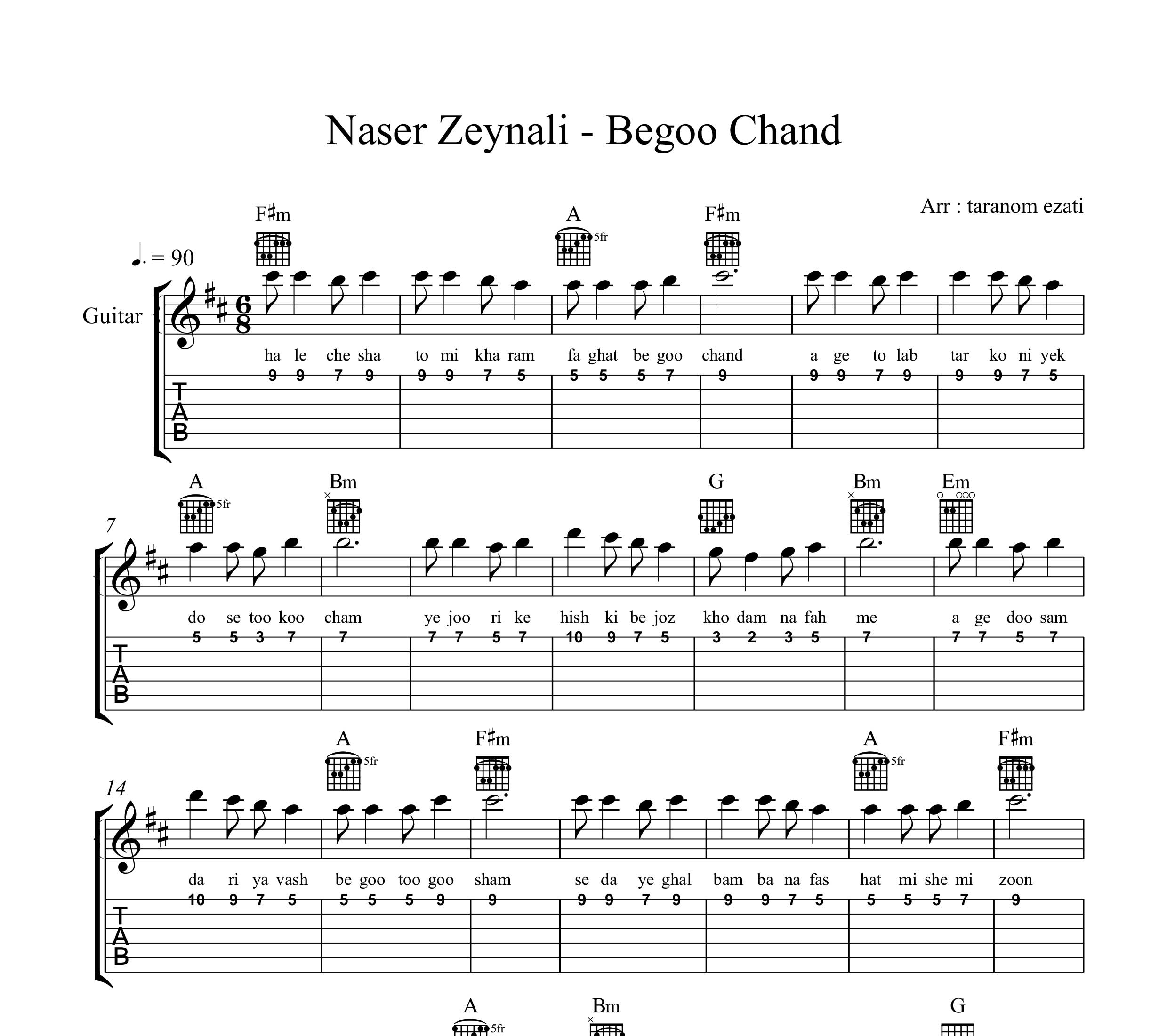 نت گیتار بگو چند ناصر زینعلی به همراه تبلچر و آکورد