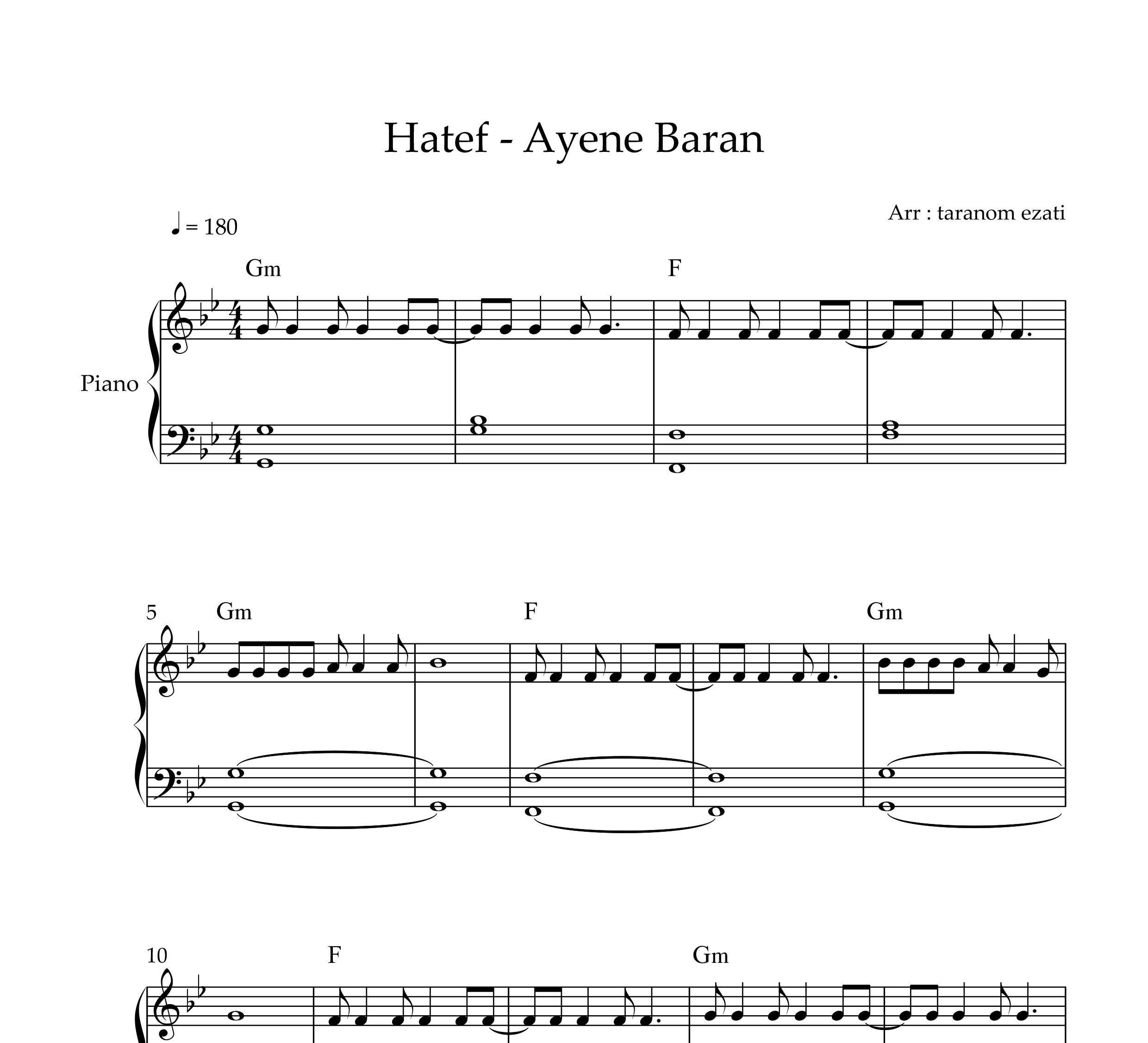 نت پیانو آینه باران هاتف