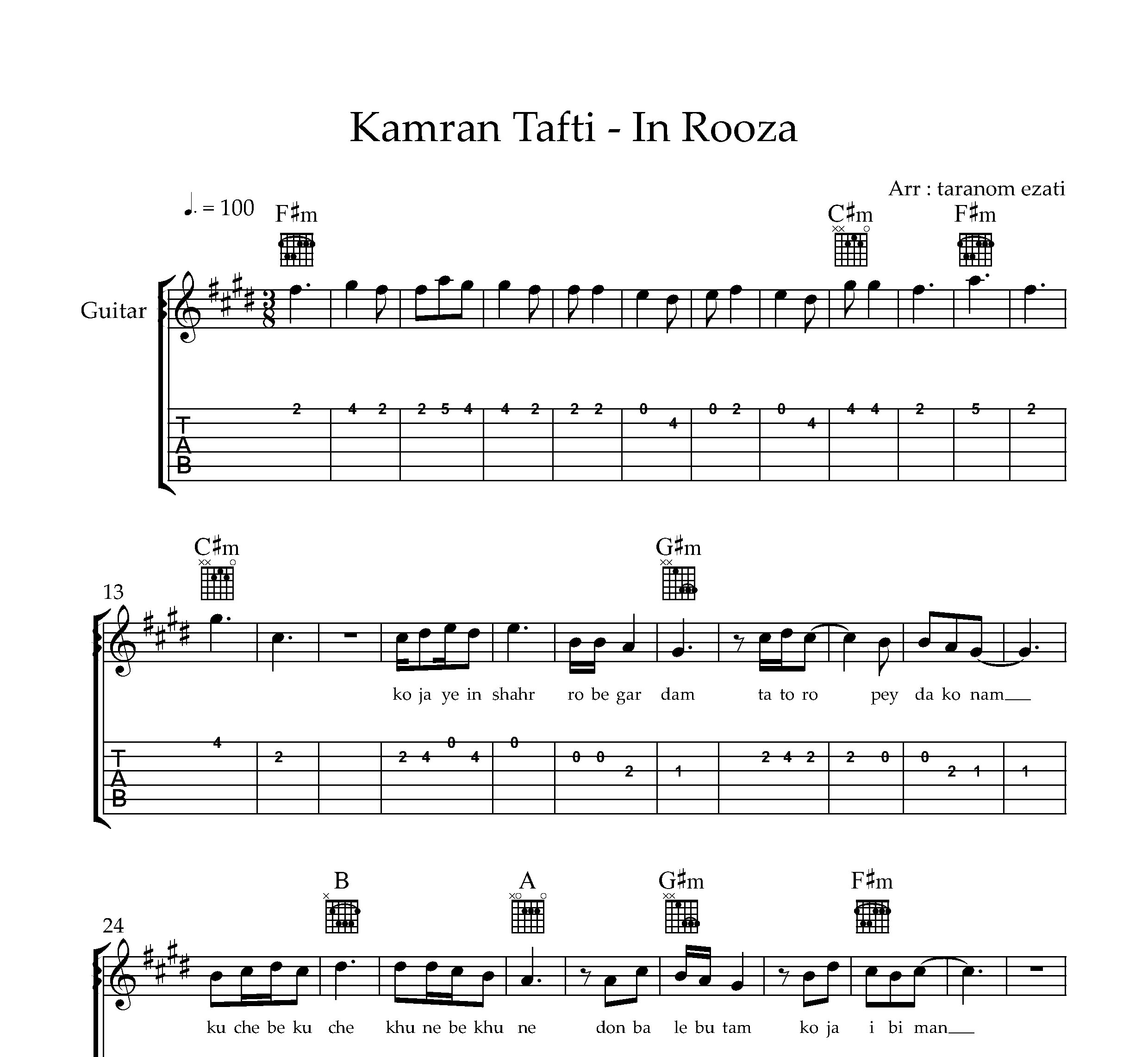 نت گیتار این روزا کامران تفتی به همراه تبلچر و آکورد
