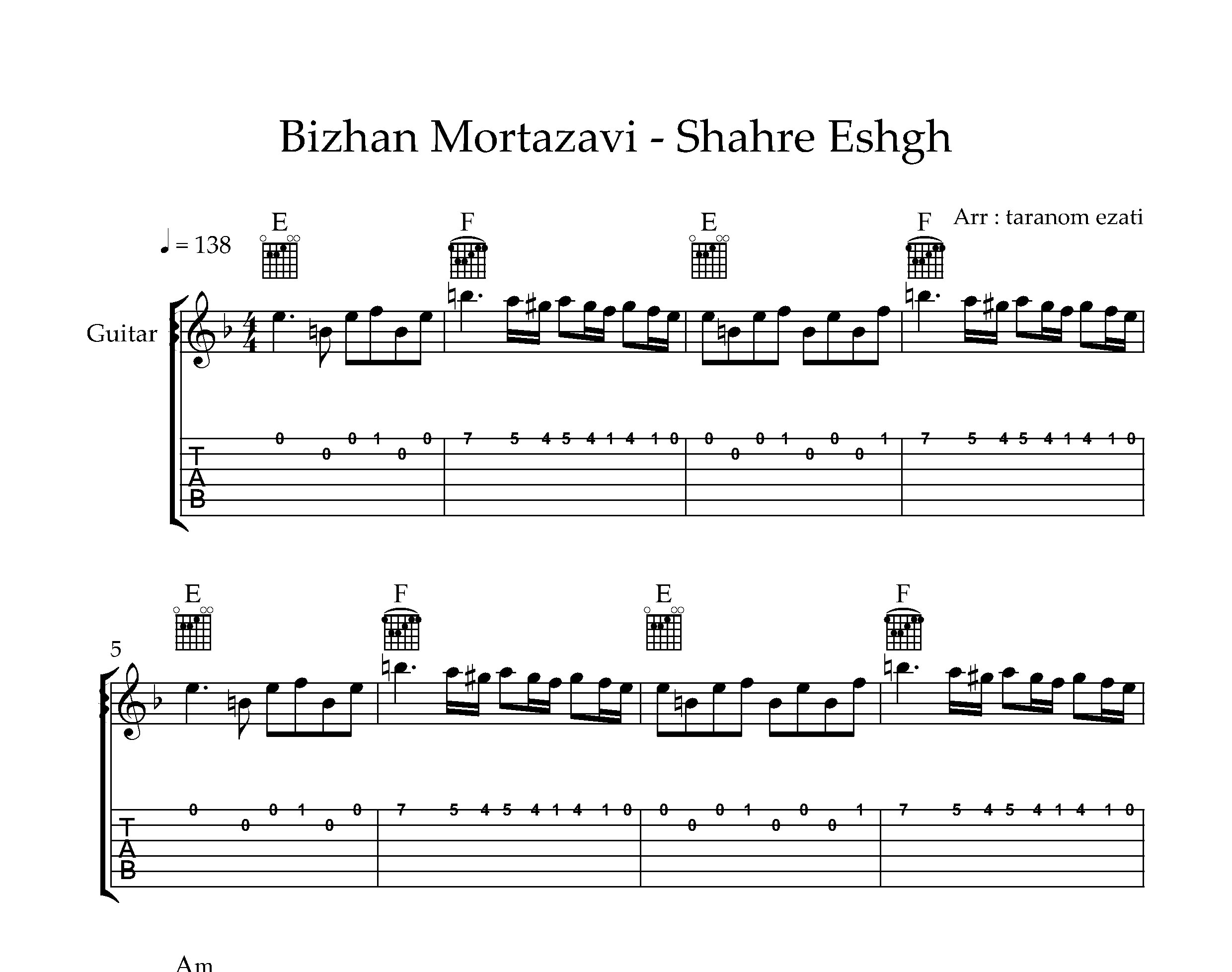 نت گیتار شهر عشق بیژن مرتضوی به همراه تبلچر و آکورد