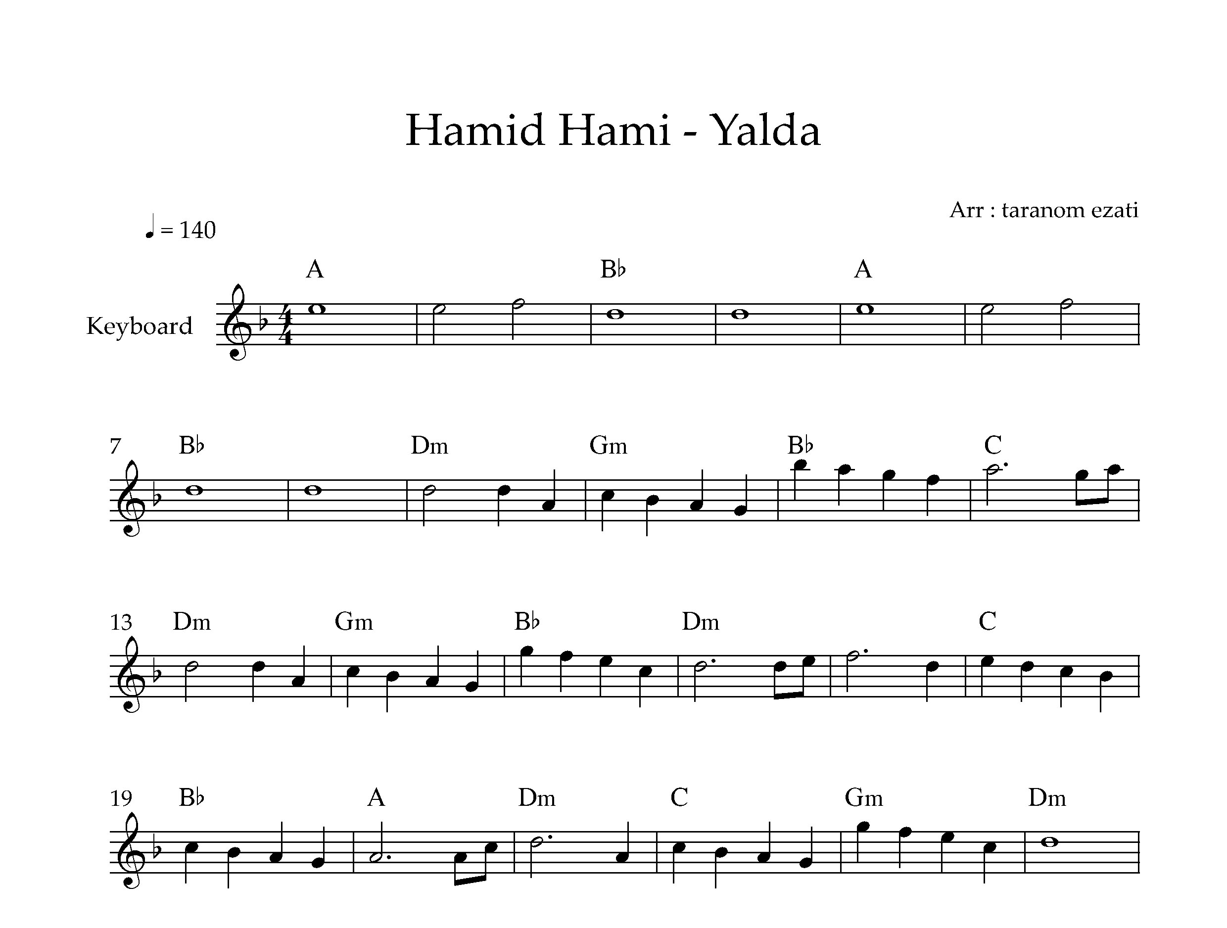 نت کیبورد یلدا حمید حامی به همراه آکورد